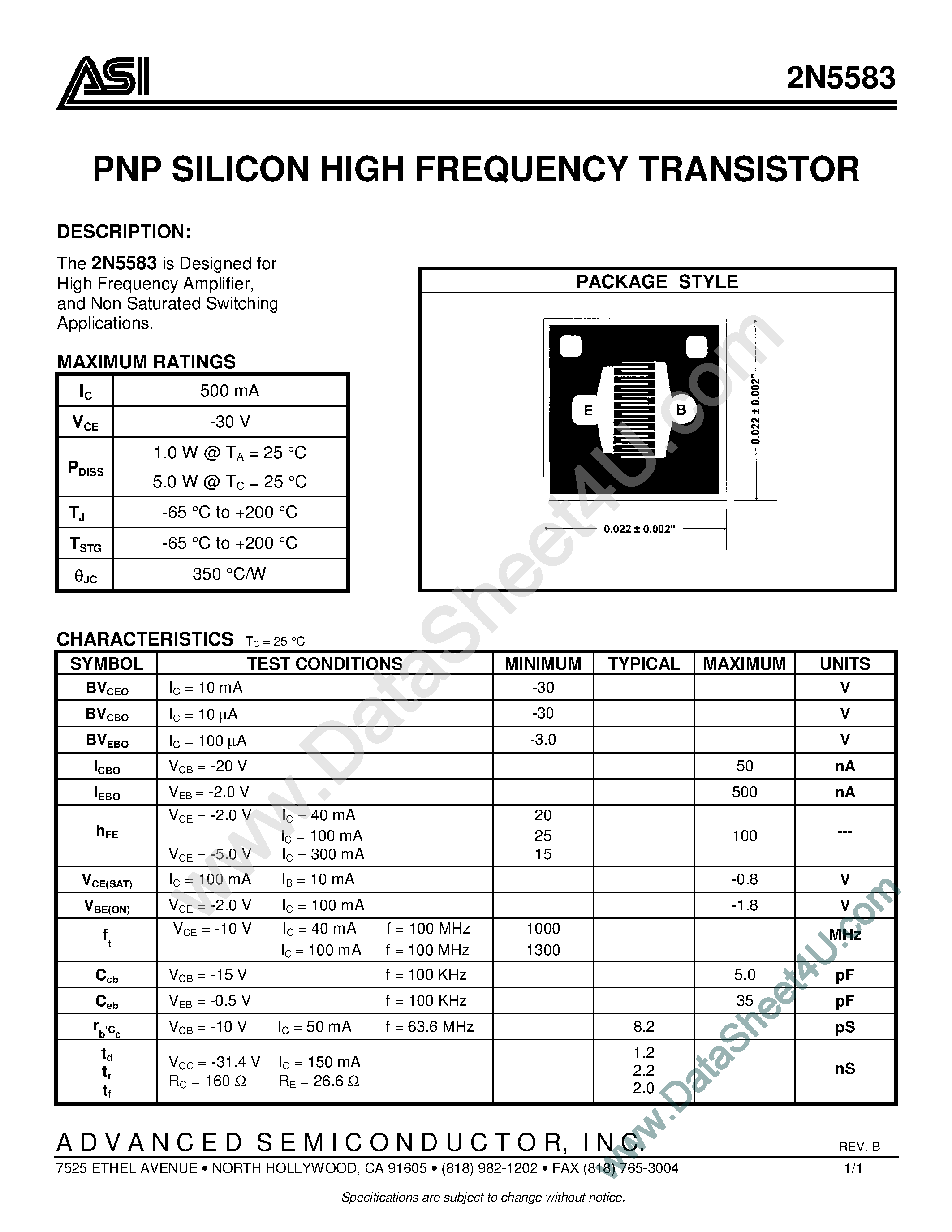 Datasheet 2N5583 - PNP Silicon High Frequency Transistor page 1