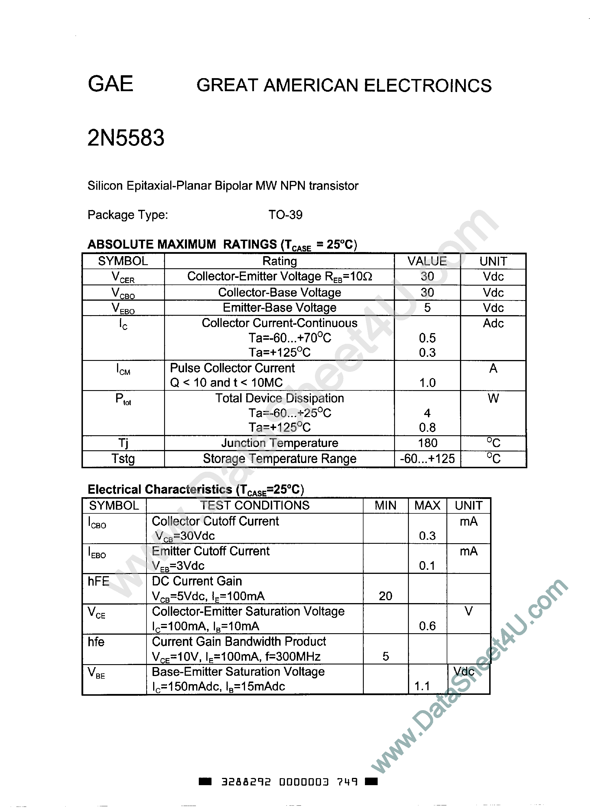 Datasheet 2N5583 - Silicon Epitaxial Planar Bipolar MW NPN Transistor page 1