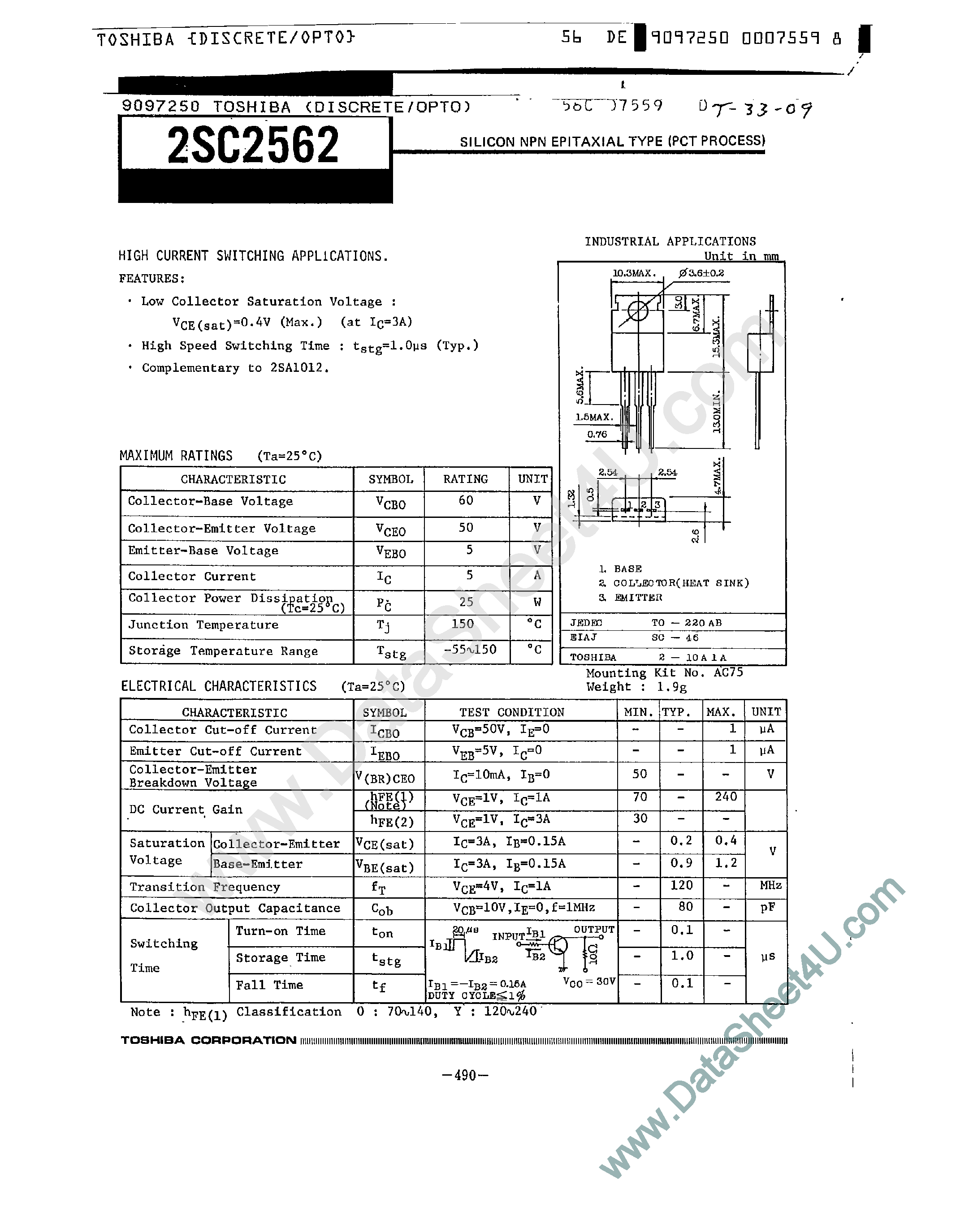 Datasheet 2SC2562 - Silicon NPN Epitaxial Type page 1