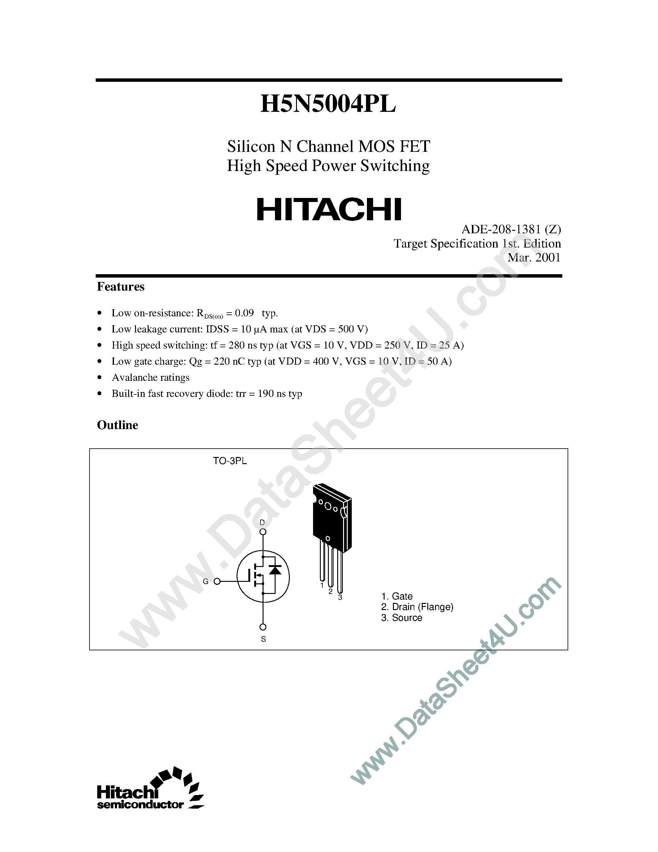 Datasheet H5N5004PL page 1 Datasheet H5N5004PL - Silicon N-Channel MOSFET page 1