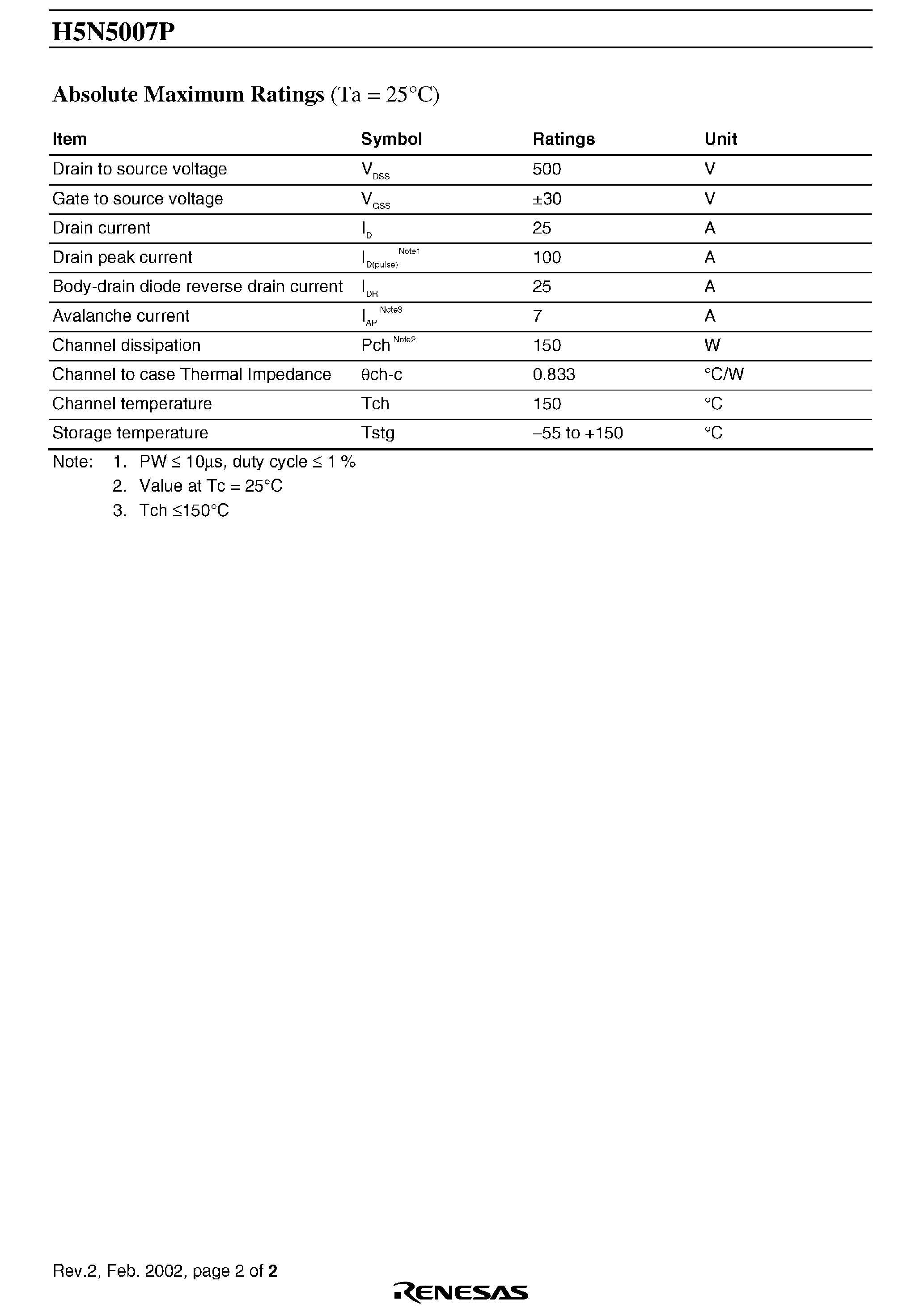 Datasheet H5N5007P page 2 Datasheet H5N5007P - Silicon N-Channel MOSFET page 2