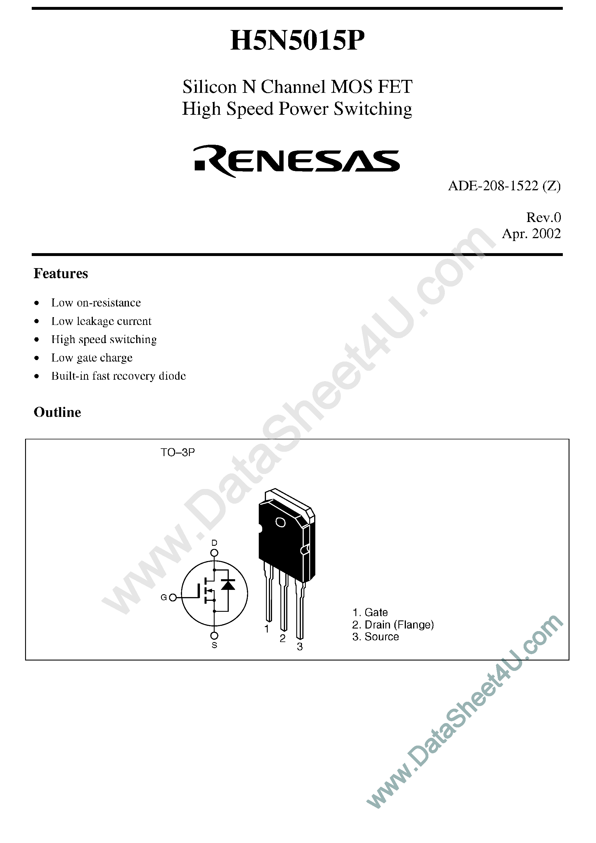 Datasheet H5N5015P - Silicon N-Channel MOSFET page 1