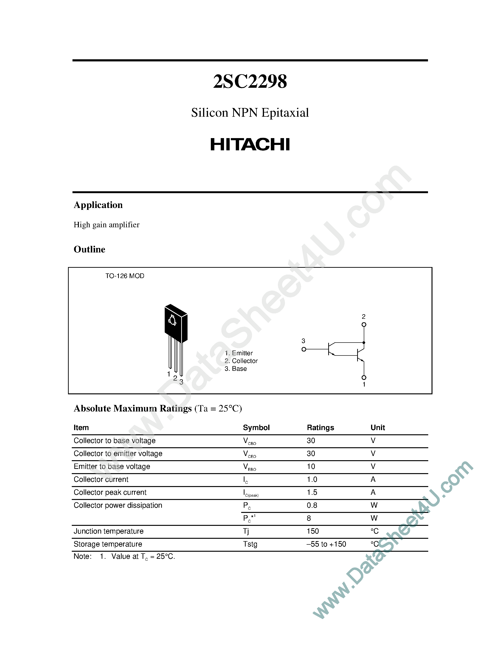 Datasheet 2SC2298 - HIGH GAIN AMPLIFIER page 1