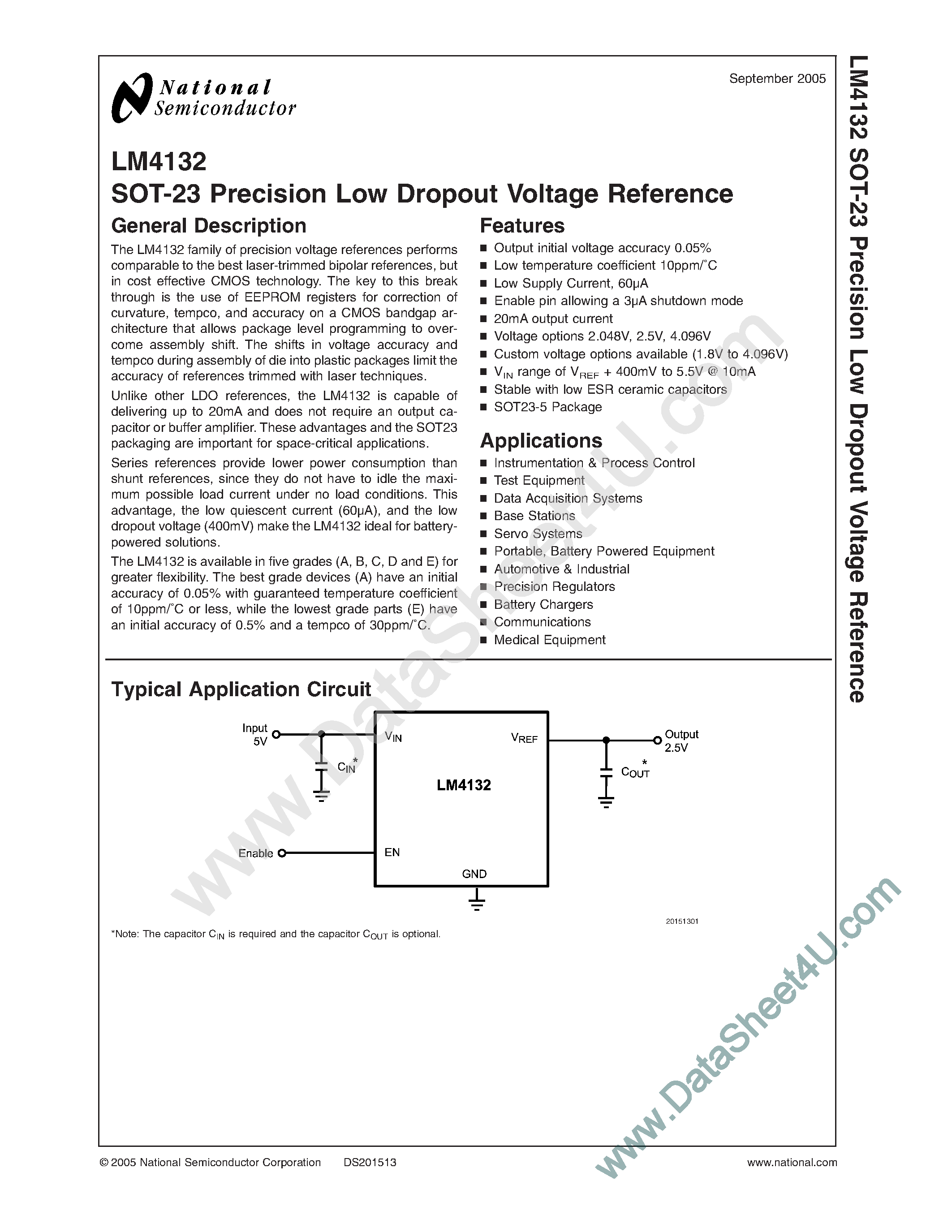 Datasheet LM4132 page 1 Datasheet LM4132 - SOT-23 Precision Low Dropout Voltage Reference page 1