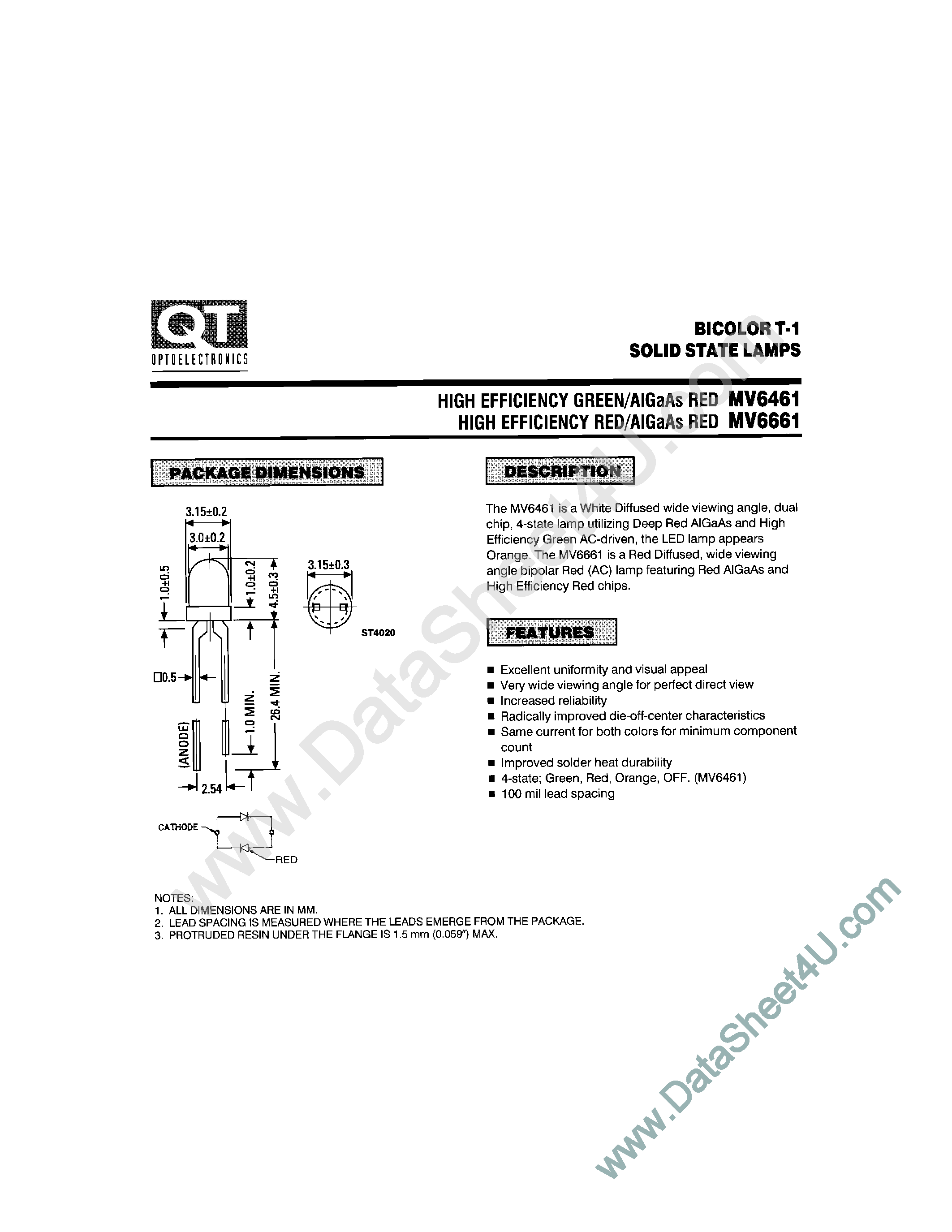 Даташит на микросхему MV6461 страница 1 Даташит MV6461 - (MV6461 / MV6661) BICOLOR T-1 SOLID STATE LAMPS страница 1