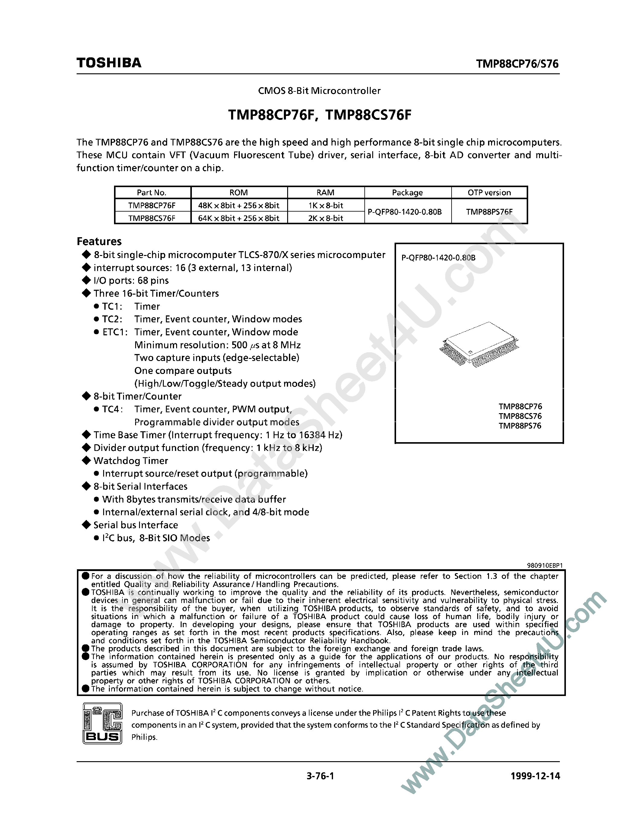 Datasheet TMP88CP76F page 1 Datasheet TMP88CP76F - (TMP88CP(S)76F) CMOS 8-Bit Microcontroller page 1