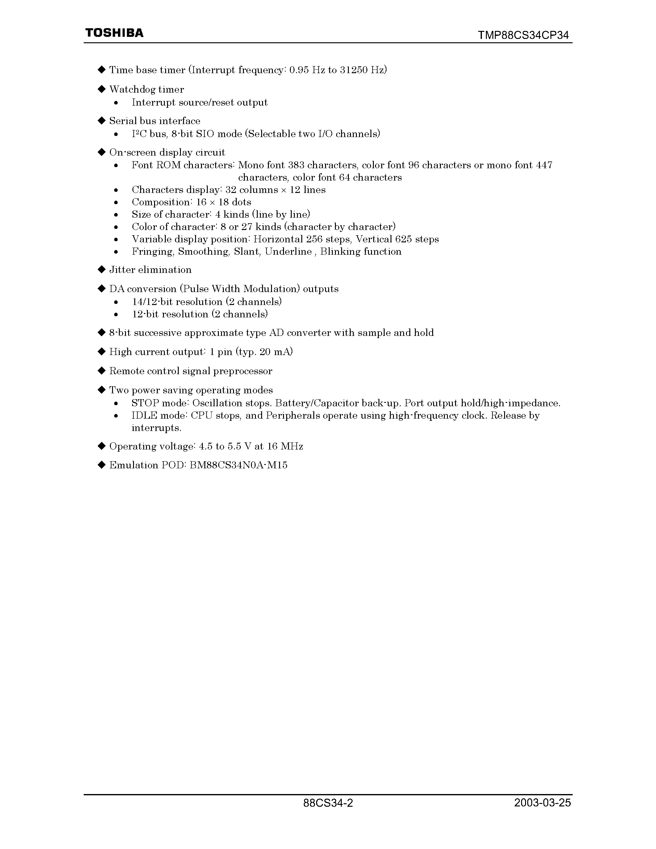 Datasheet TMP88CP34F page 2 Datasheet TMP88CP34F - (TMP88Cx34x) CMOS 8-Bit Microcontroller page 2
