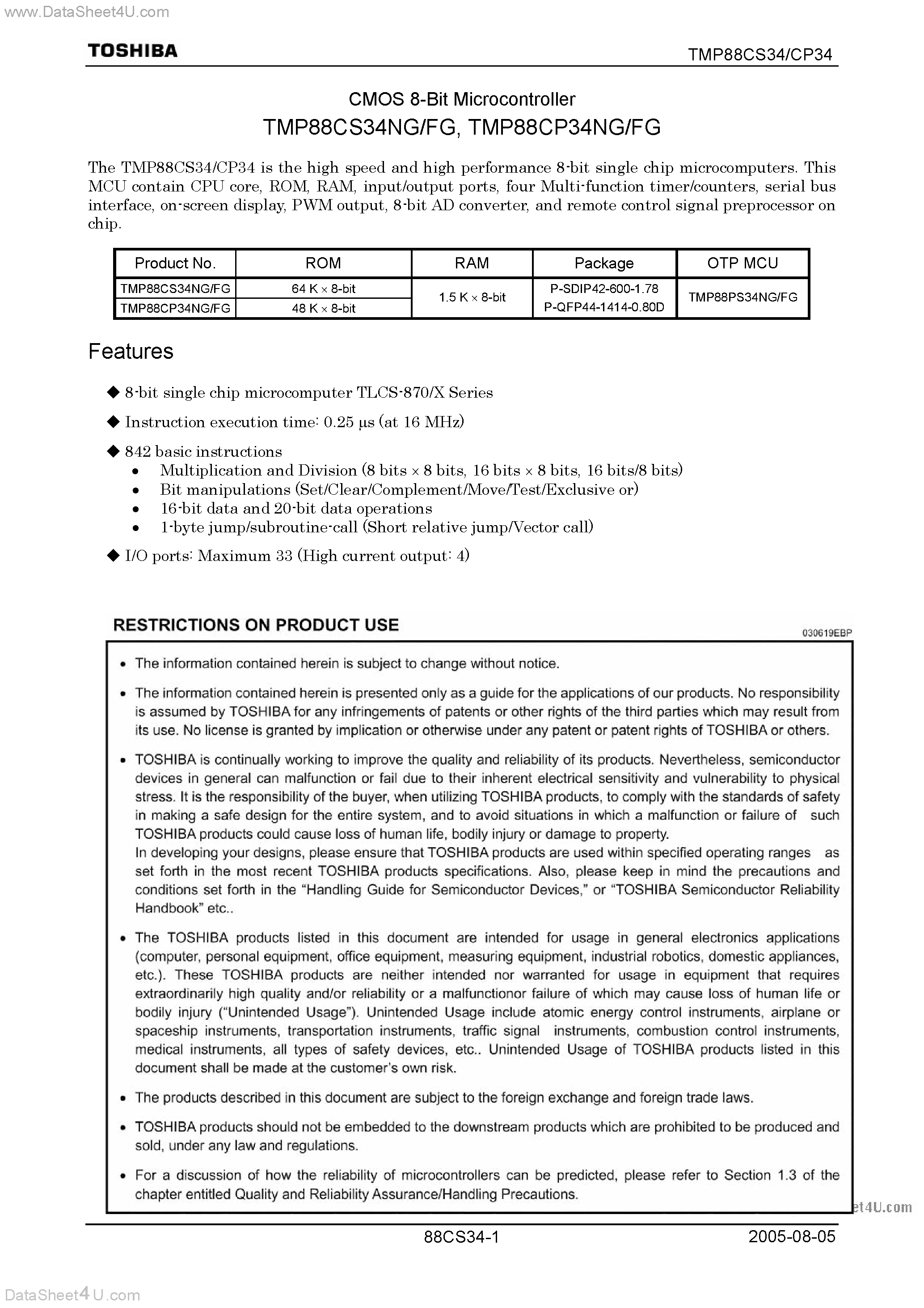 Datasheet TMP88CP34FG page 1 Datasheet TMP88CP34FG - (TMP88Cx34xG) CMOS 8-Bit Microcontroller page 1