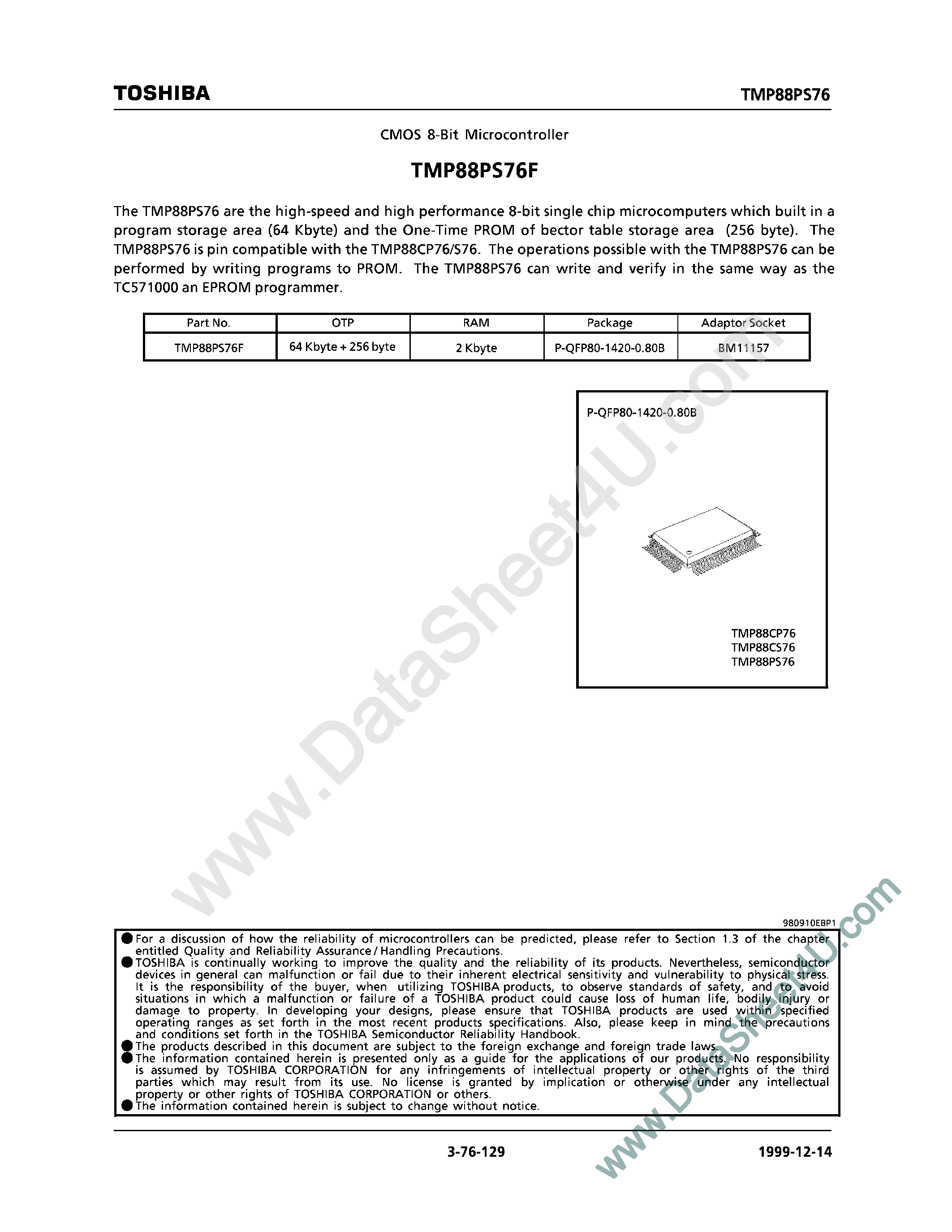 Datasheet TMP88PS76F - CMOS 8-Bit Microcontroller page 1