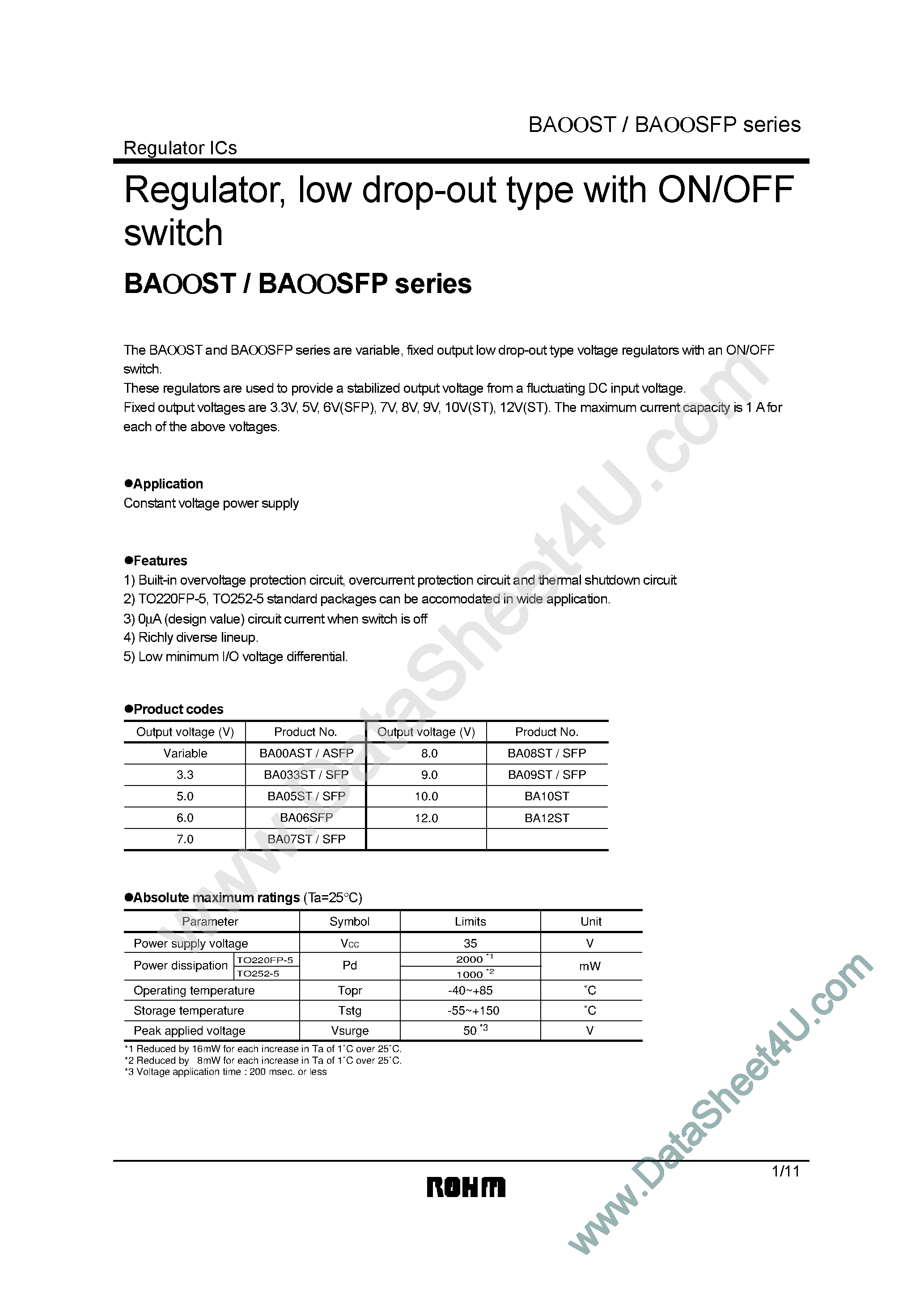 Даташит BA10SFP - (BAxxSFP) Regulator / low drop-out type with ON/OFF switch series страница 1