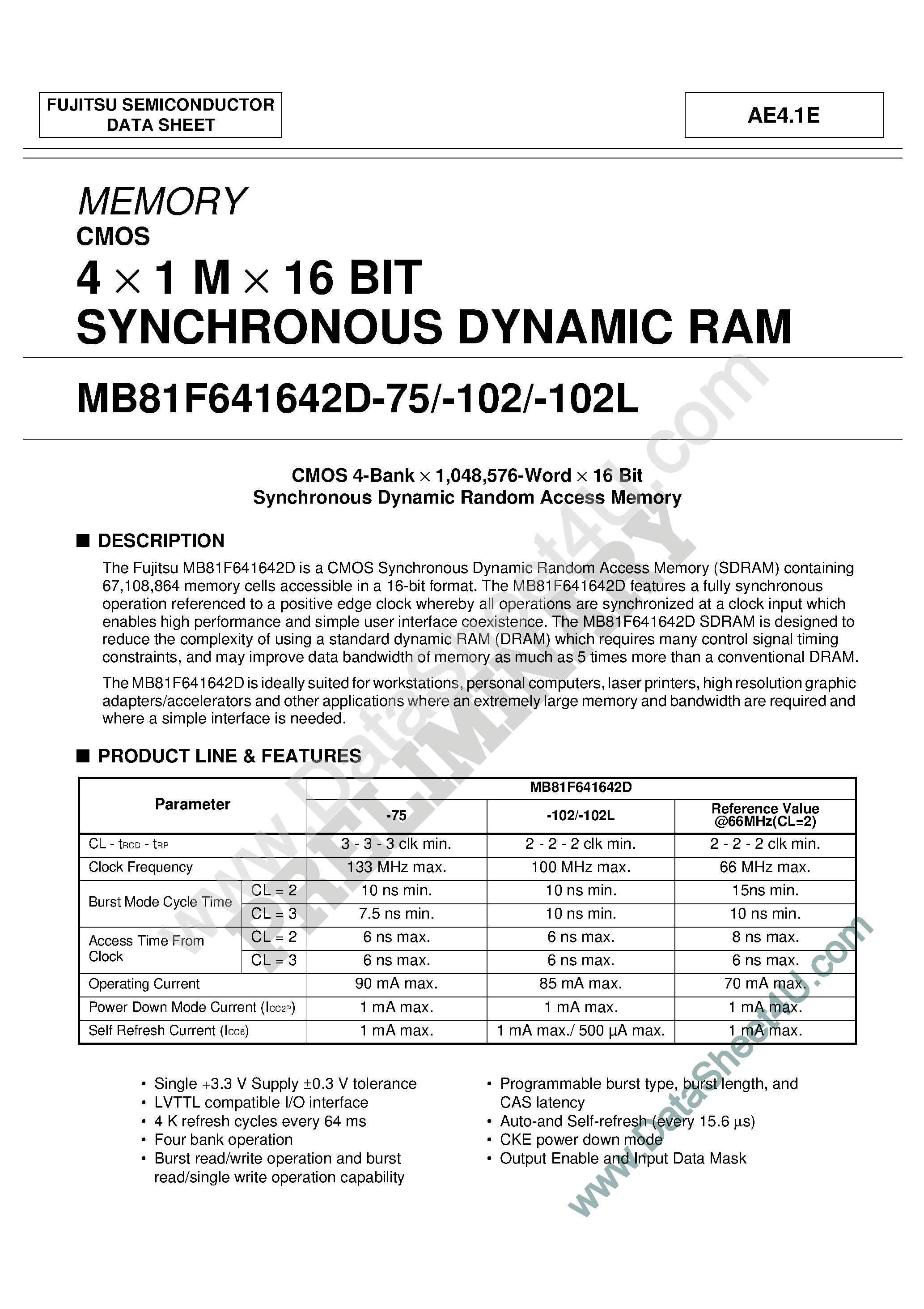 Datasheet MB81F641642D - 4 x 1M x 16-Bit SDRAM page 1