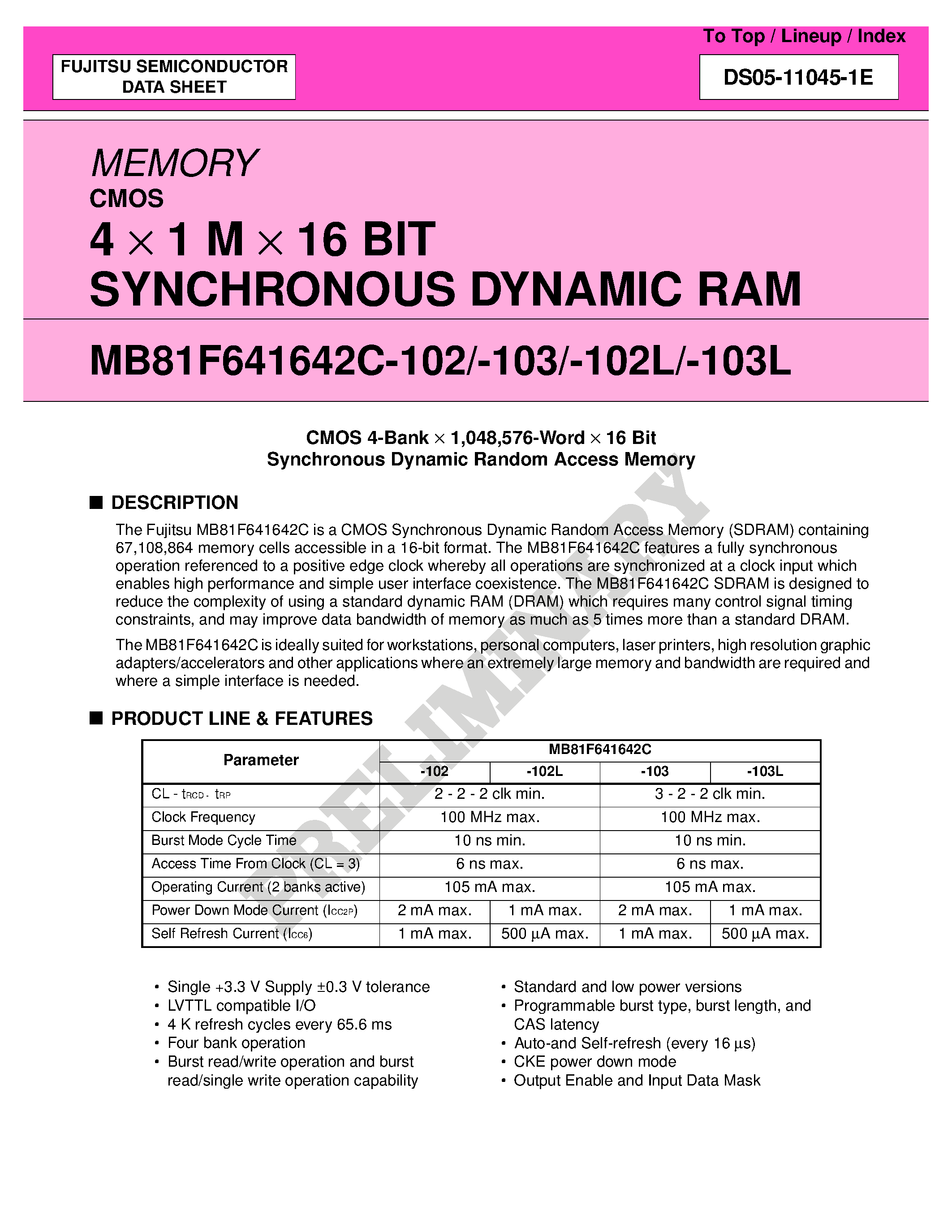 Datasheet MB81F641642C - 4 x 1 M x 16 BIT SYNCHRONOUS DYNAMIC RAM page 1