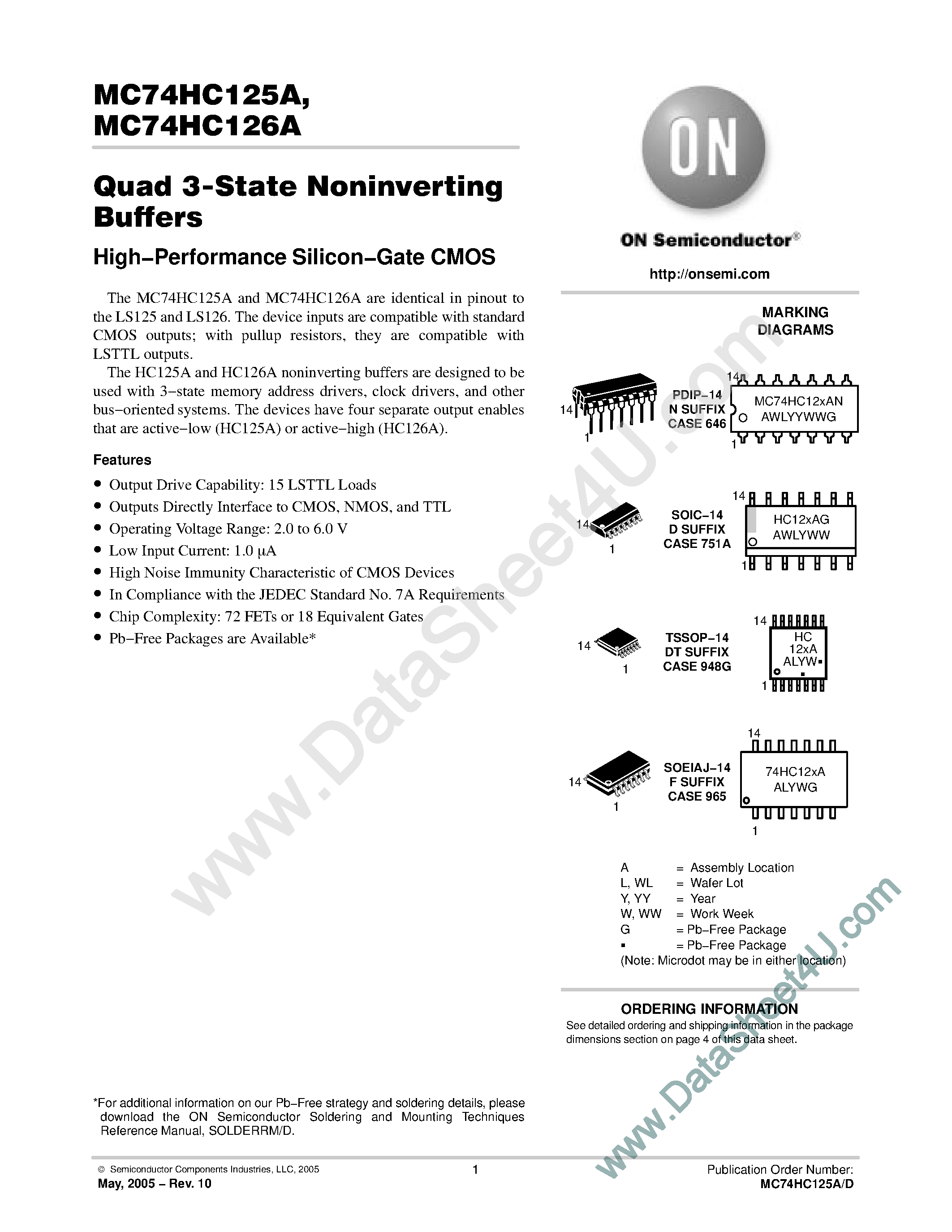 Datasheet MC74HC125A page 1 Datasheet MC74HC125A - (MC74HC125A / MC74HC126A) Quad 3-State Noninverting Buffers page 1