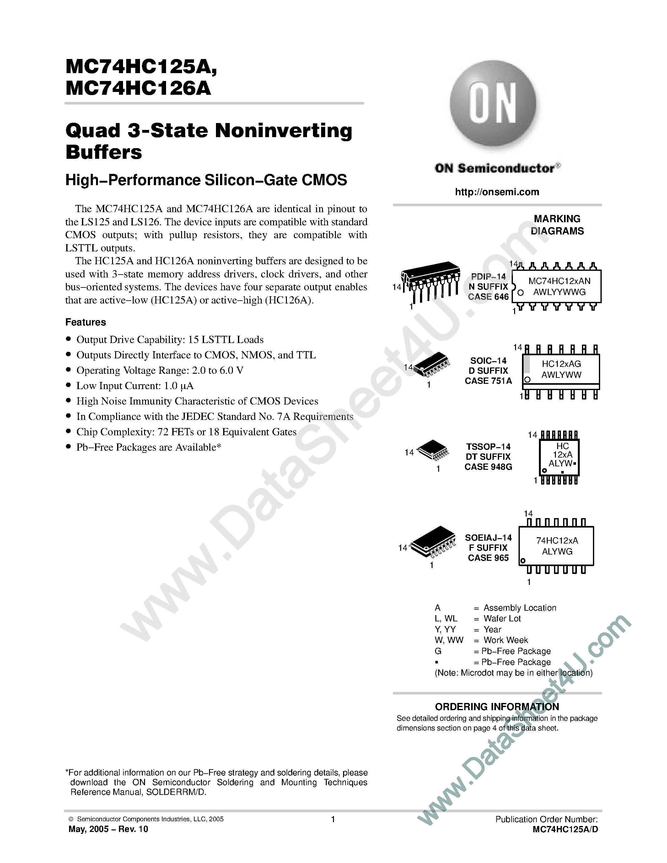 Даташит MC74HC125A - (MC74HC125A / MC74HC126A) Quad 3-State Noninverting Buffers страница 1