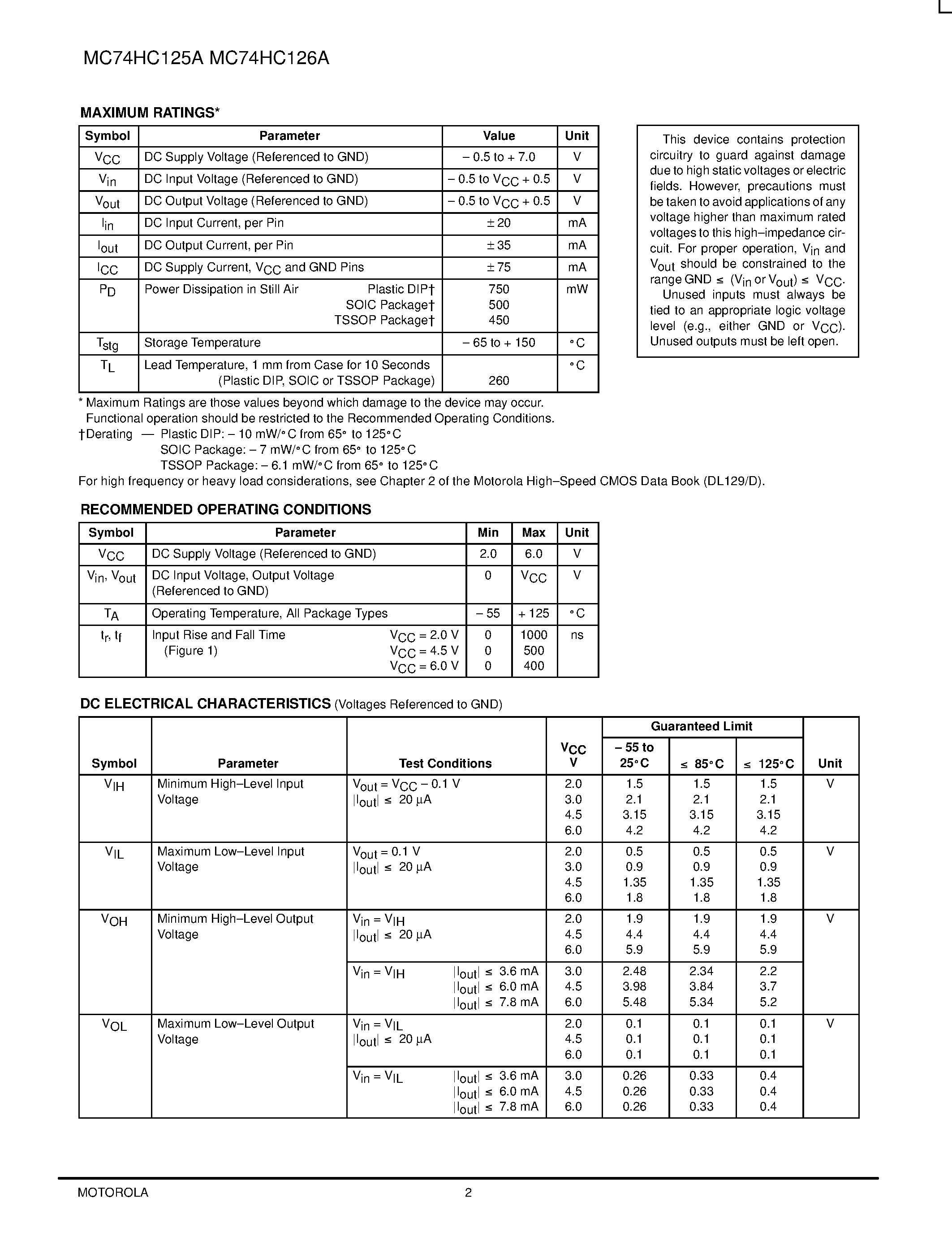 Даташит MC74HC125A - (MC74HC125A / MC74HC126A) Quad 3-State Noninverting Buffers страница 2