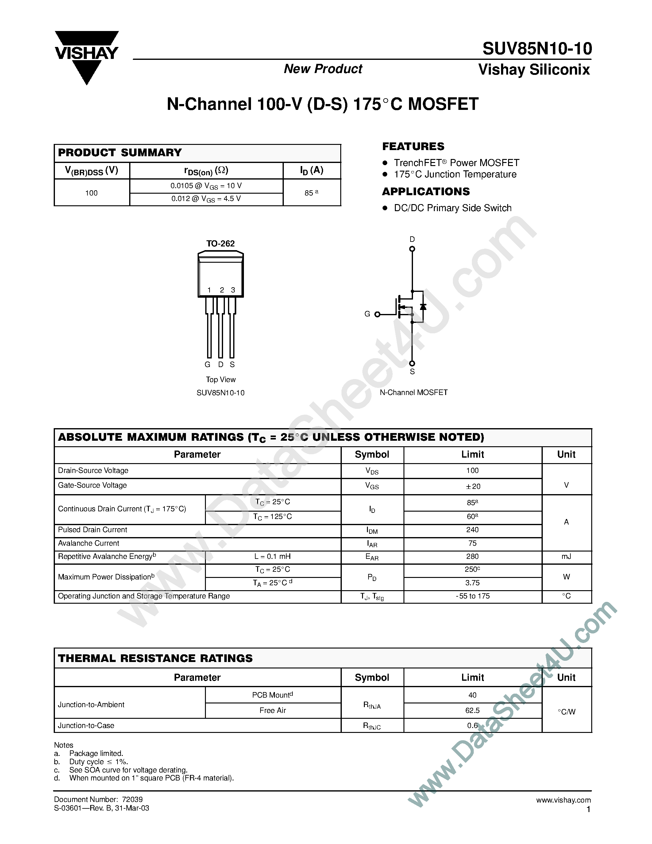 Даташит SUV85N10-10 - N-Channel 100-V (D-S) 175 Degree Celcious MOSFET страница 1