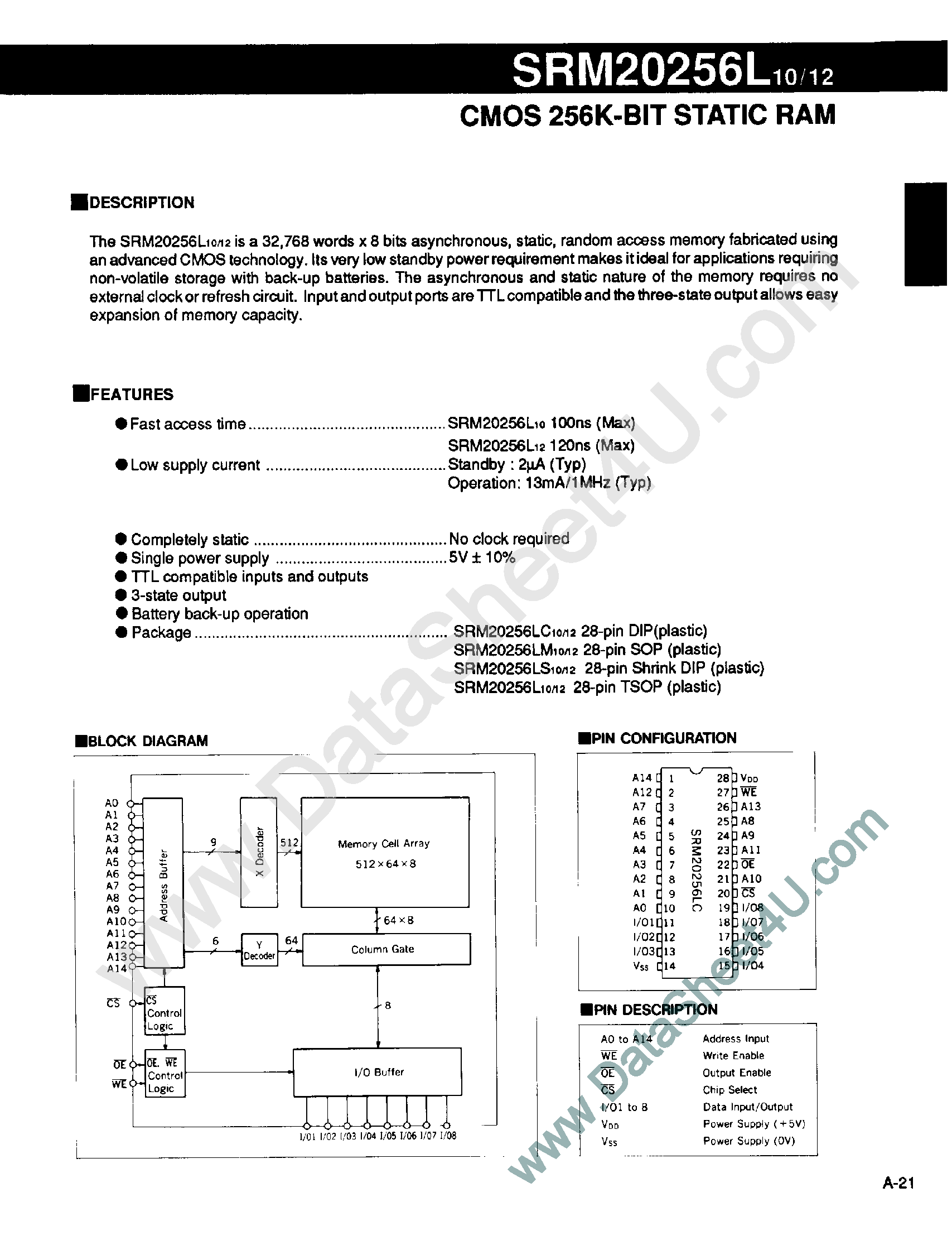 Даташит на микросхему SRM20256L страница 1 Даташит SRM20256L - CMOS 256K-Bit Static RAM страница 1