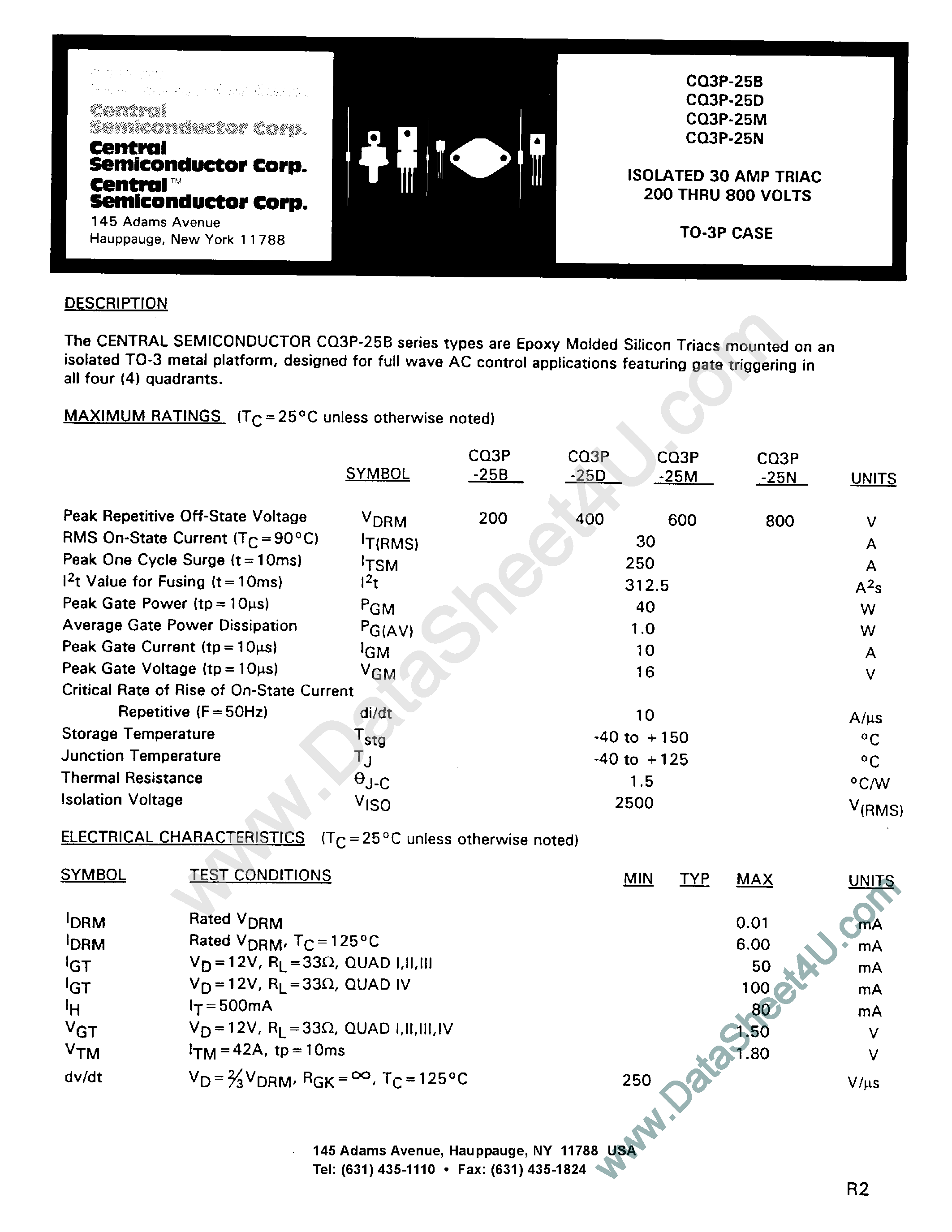Datasheet CQ3P-25B - (CQ3P-25x) ISOLATED 30 AMP TRIAC 200 THRU 800 VOLTS page 1
