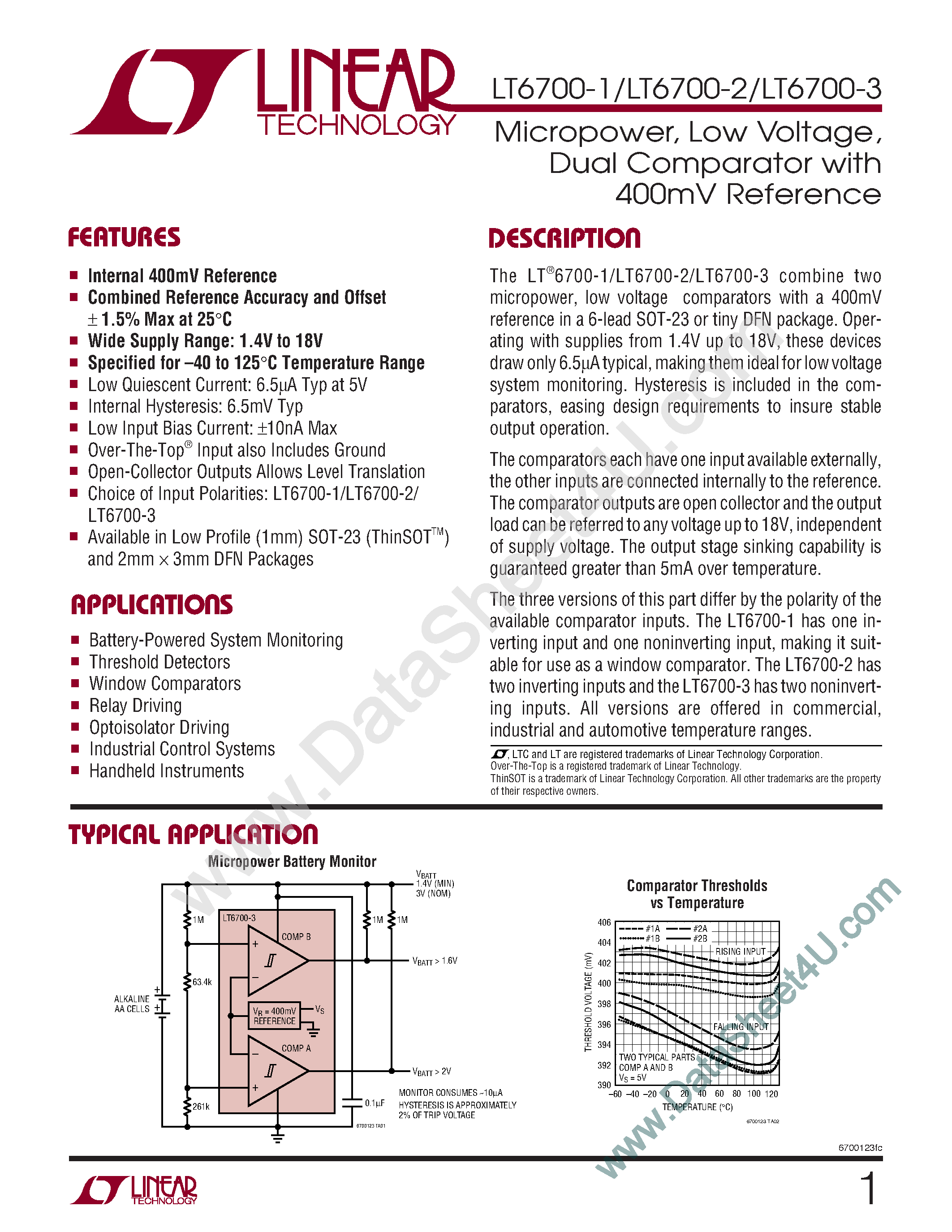 Datasheet LT6700-1 - (LT6700-x) Micropower / Low Voltage / SOT-23 / Dual Comparator page 1