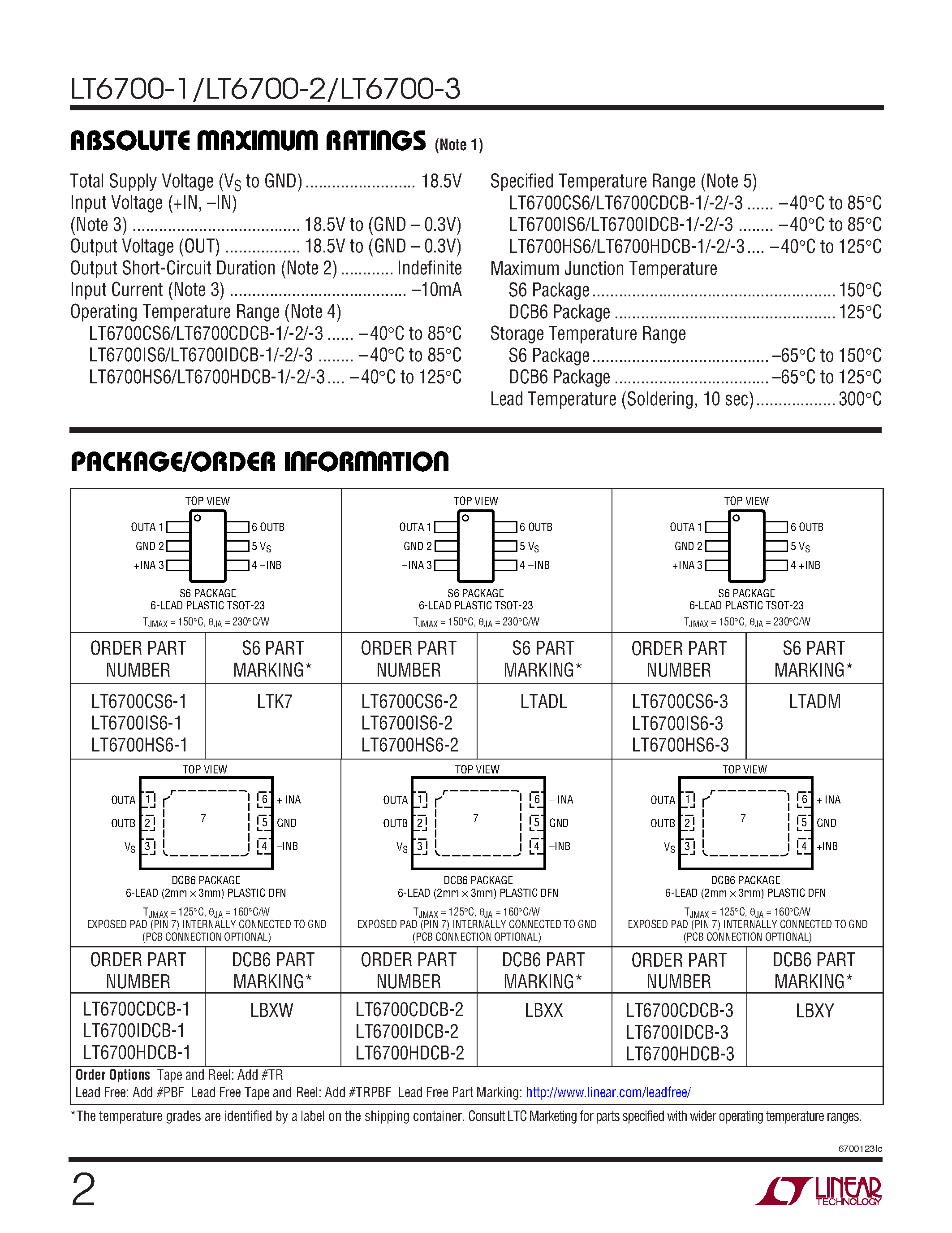 Datasheet LT6700-1 - (LT6700-x) Micropower / Low Voltage / SOT-23 / Dual Comparator page 2