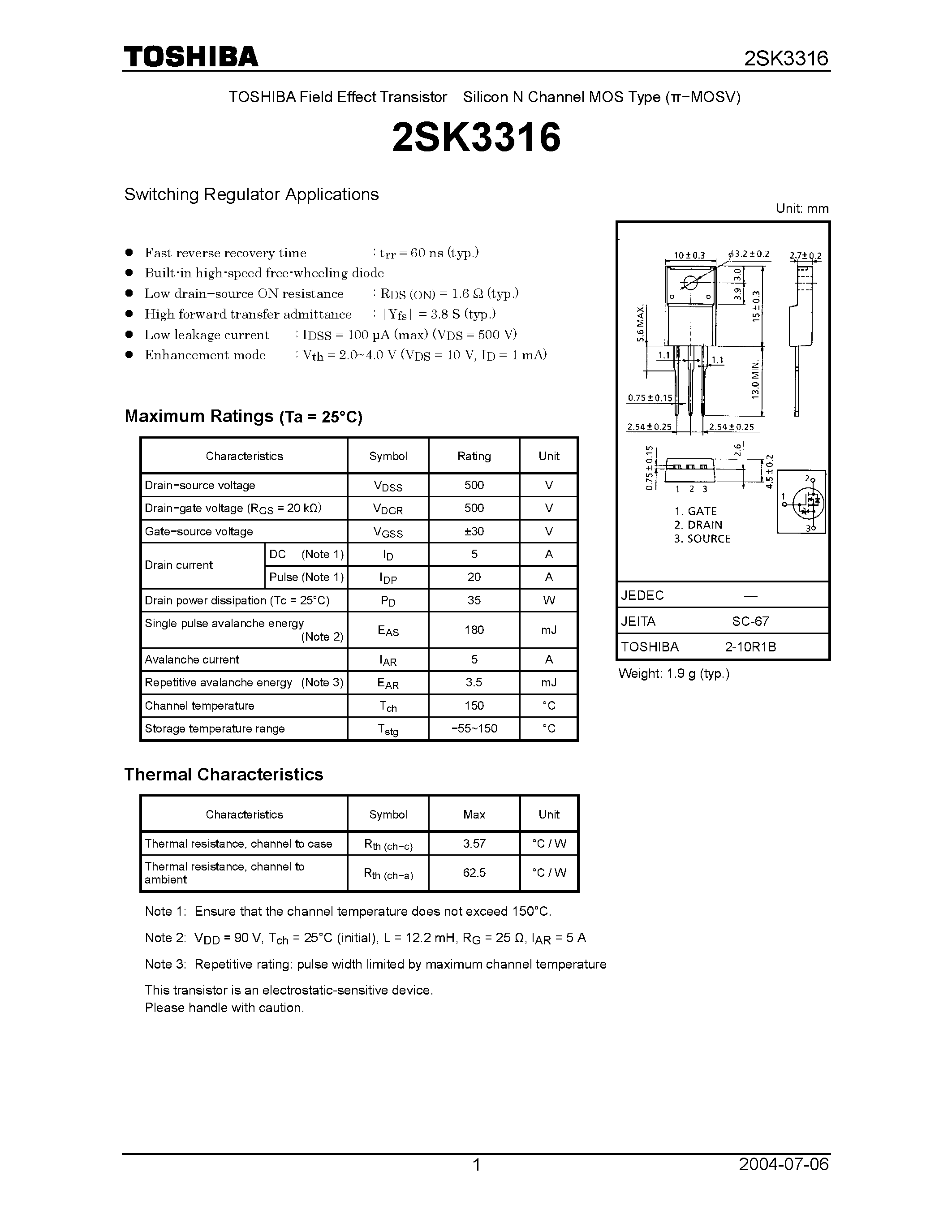 Datasheet 2SK3316 - TOSHIBA Field Effect Transistor Silicon N Channel MOS Type page 1