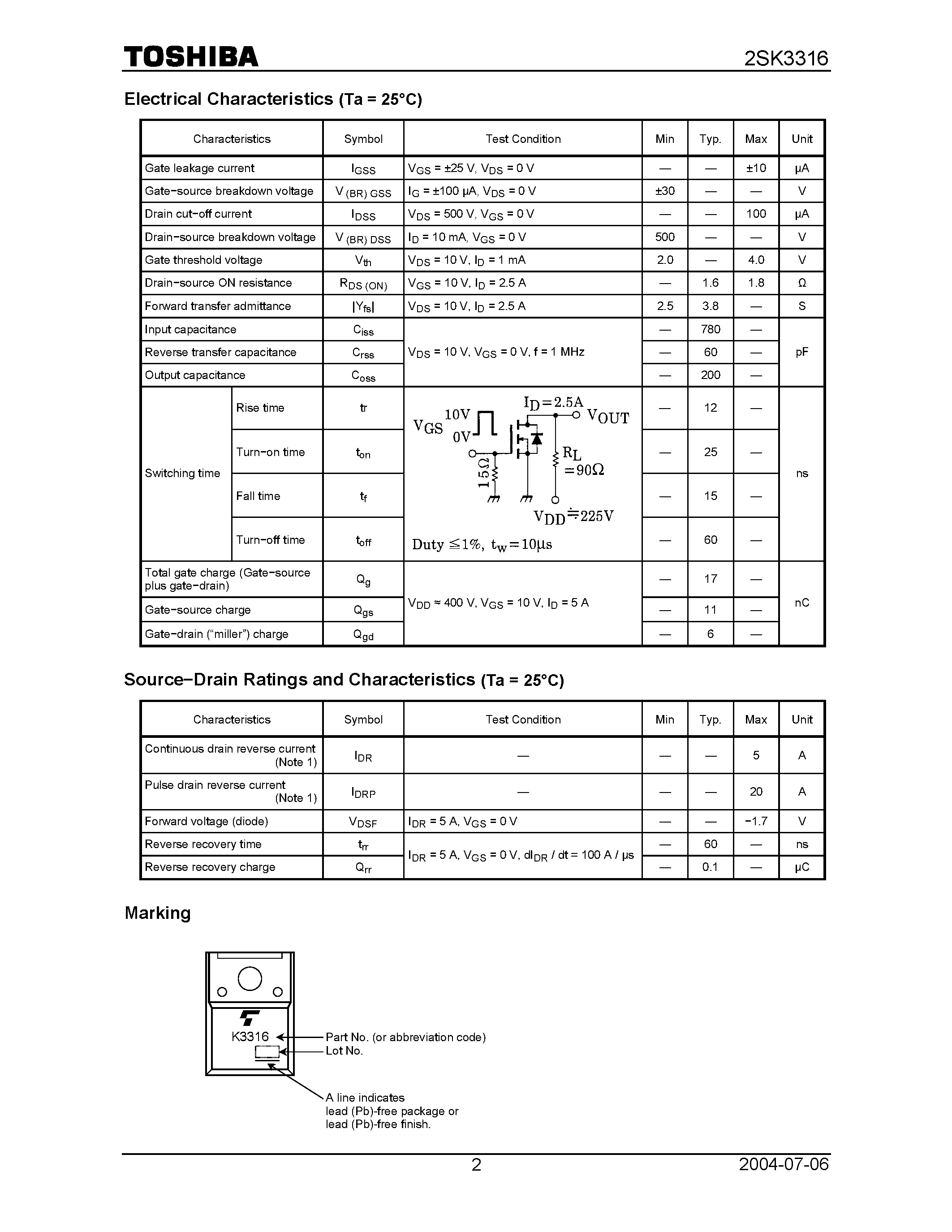 Datasheet 2SK3316 - TOSHIBA Field Effect Transistor Silicon N Channel MOS Type page 2
