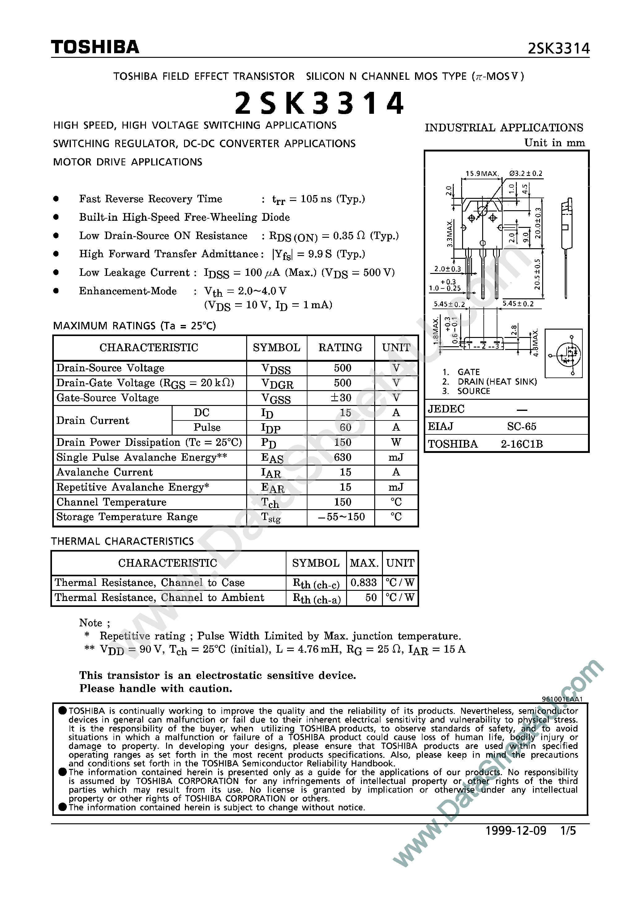 Datasheet 2SK3314 - TOSHIBA Field Effect Transistor Silicon N Channel MOS Type page 1