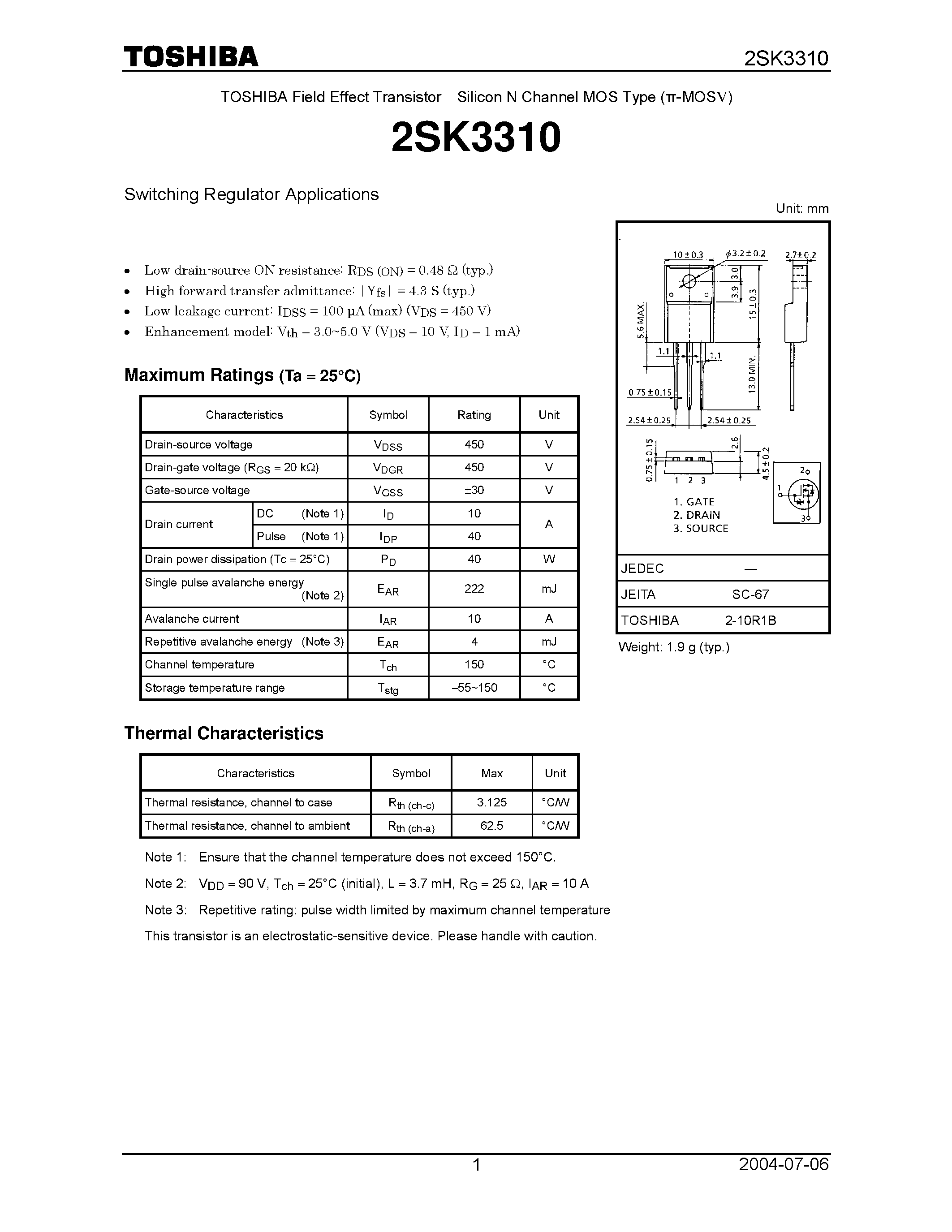 Datasheet 2SK3310 - TOSHIBA Field Effect Transistor Silicon N Channel MOS Type page 1