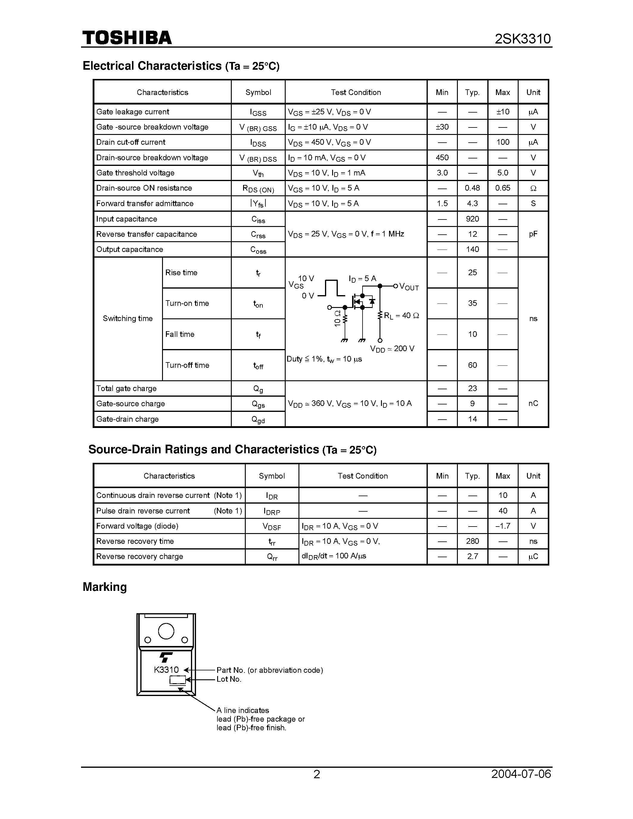 Datasheet 2SK3310 - TOSHIBA Field Effect Transistor Silicon N Channel MOS Type page 2