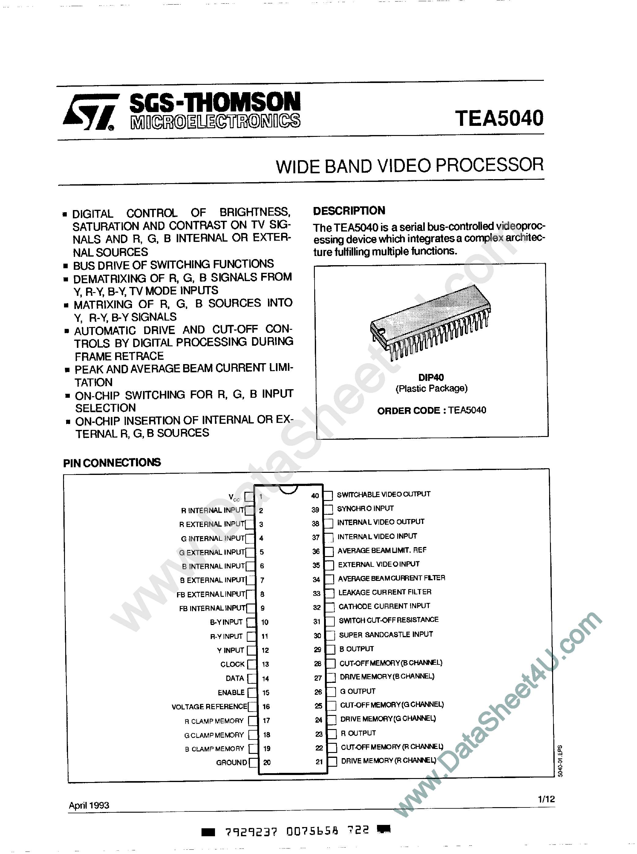 Даташит на микросхему TEA5040 страница 1 Даташит TEA5040 - Wide Band Video Processor страница 1