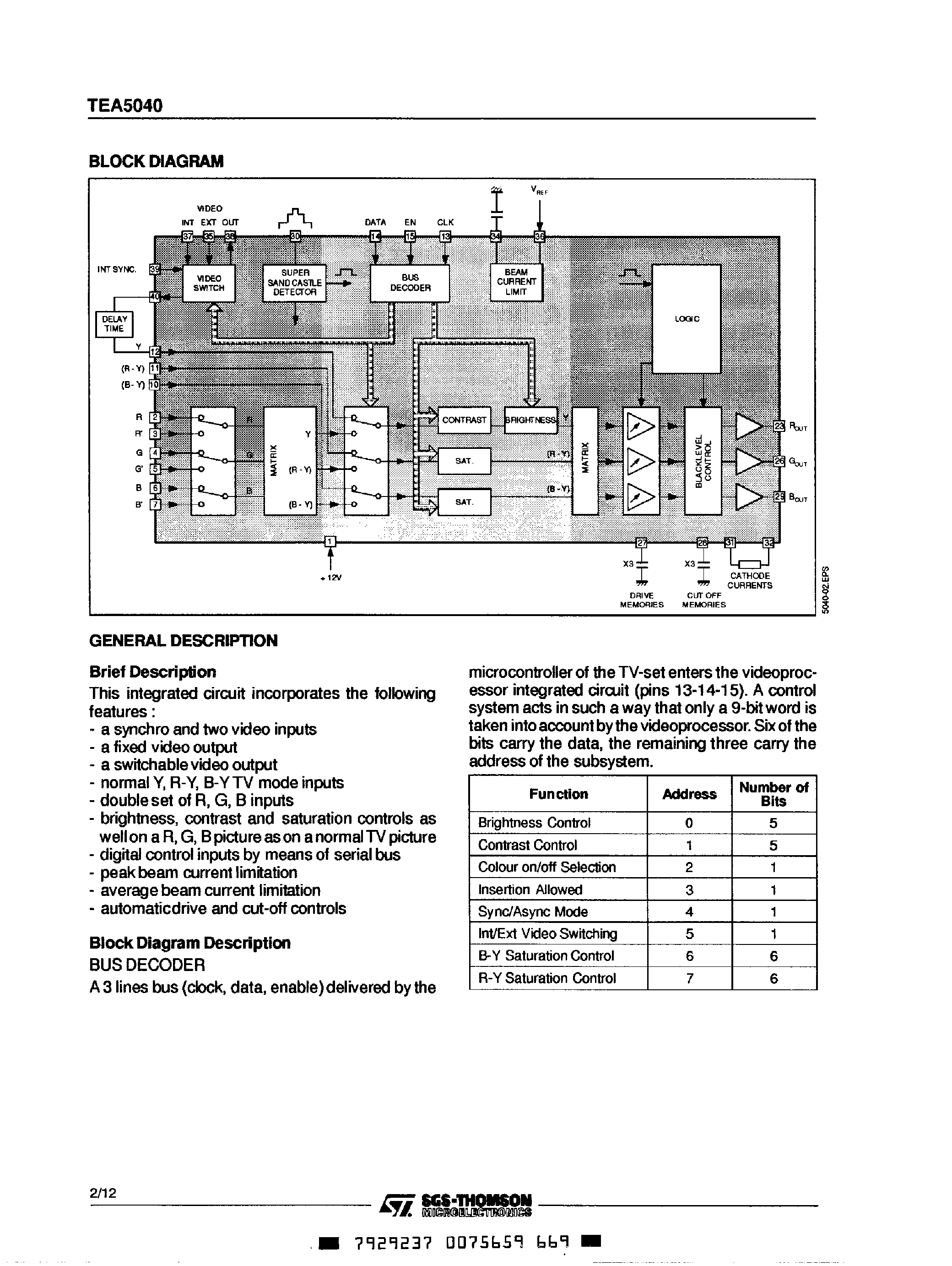 Даташит на микросхему TEA5040 страница 2 Даташит TEA5040 - Wide Band Video Processor страница 2