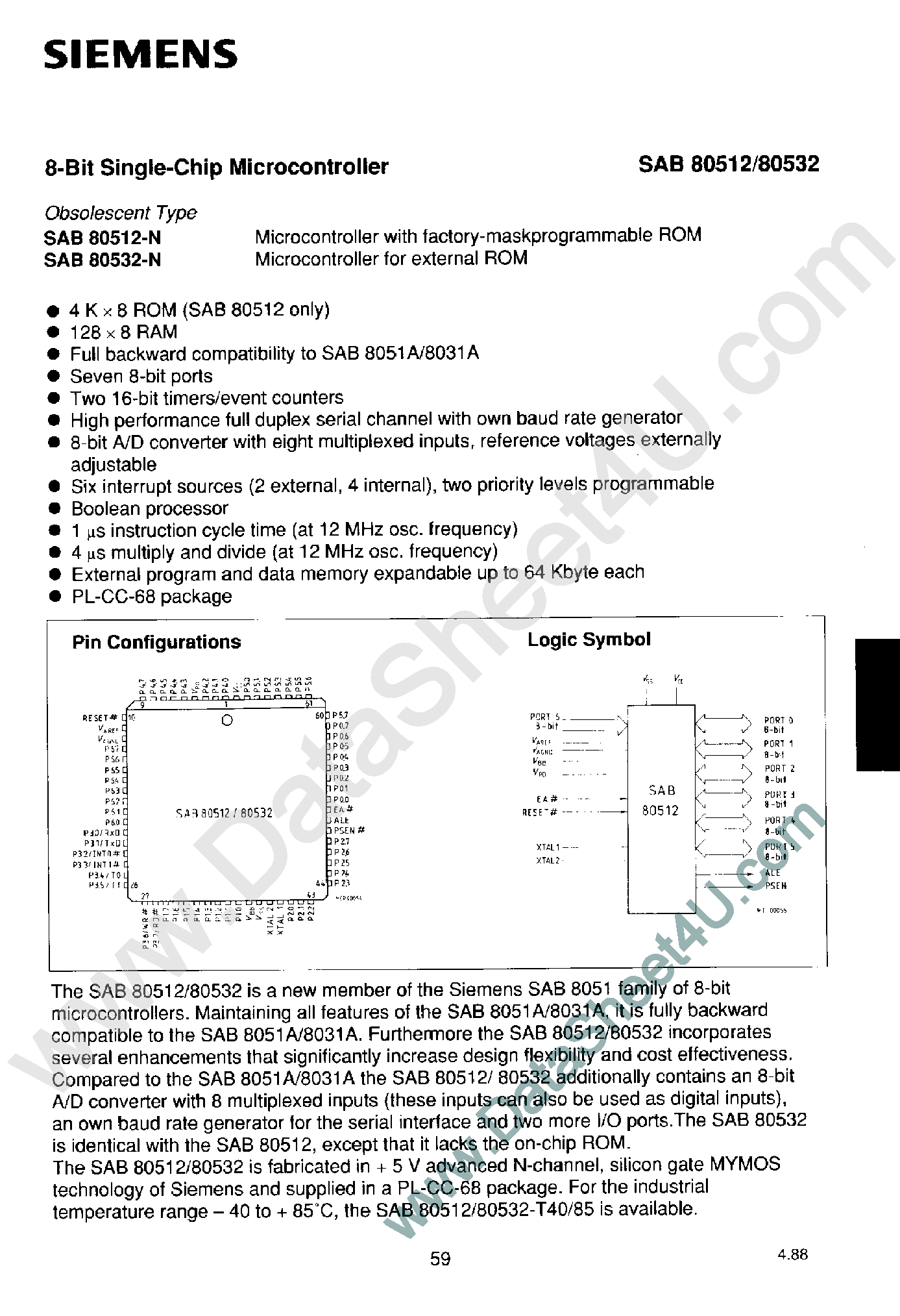 Даташит SAB80512 - (SAB80512 / SAB80532) 8-Bit Single-Chip Microcontroller страница 1