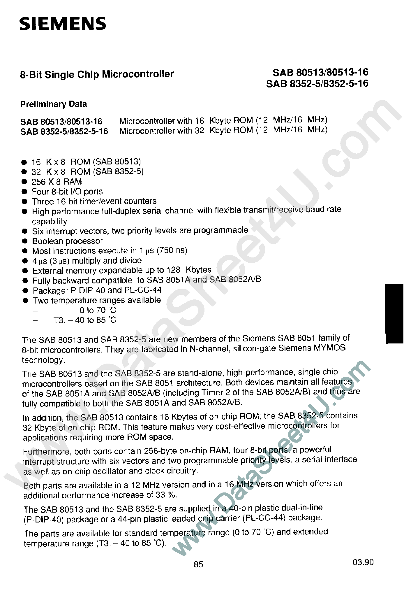 Datasheet SAB80513 - (SAB80513 / SAB8352-5) 8-Bit Single-Chip Microcontroller page 1