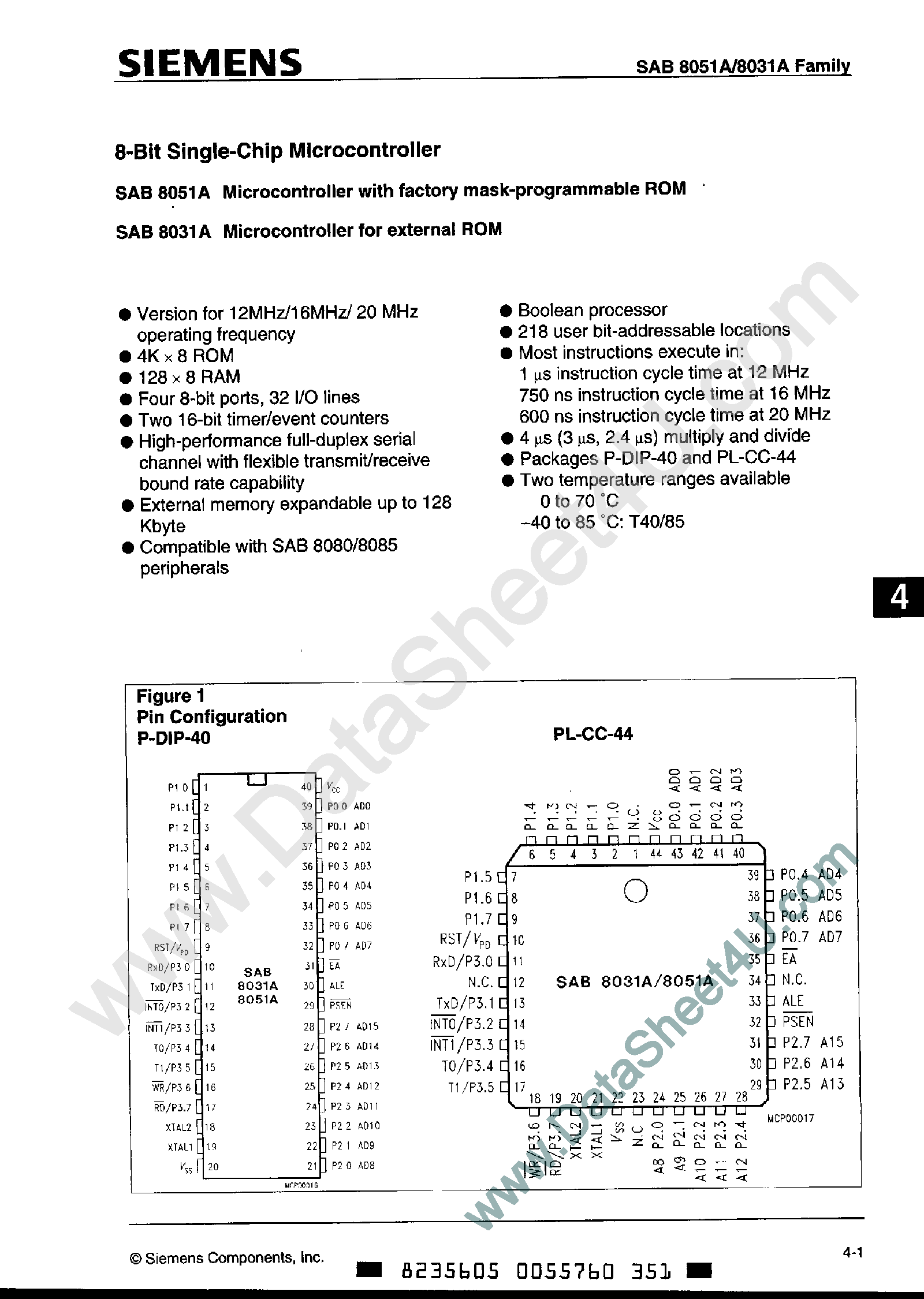 Даташит SAB8031A - (SAB8051A / SAB8031A) 8-Bit Single-Chip Microcontroller страница 1