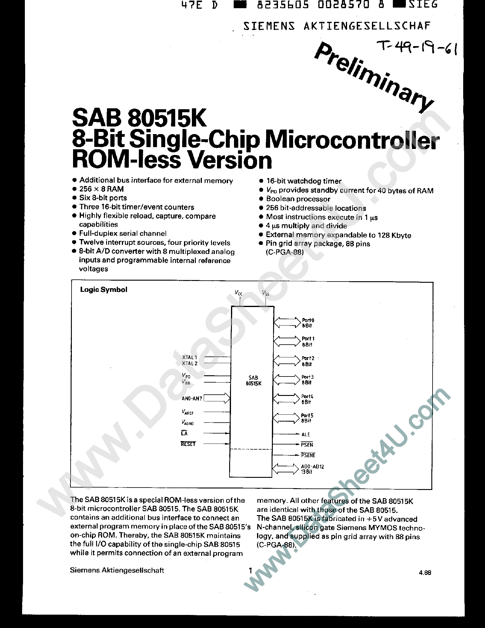 Даташит SAB80515K - 8-Bit Single-Chip Microcontroller страница 1
