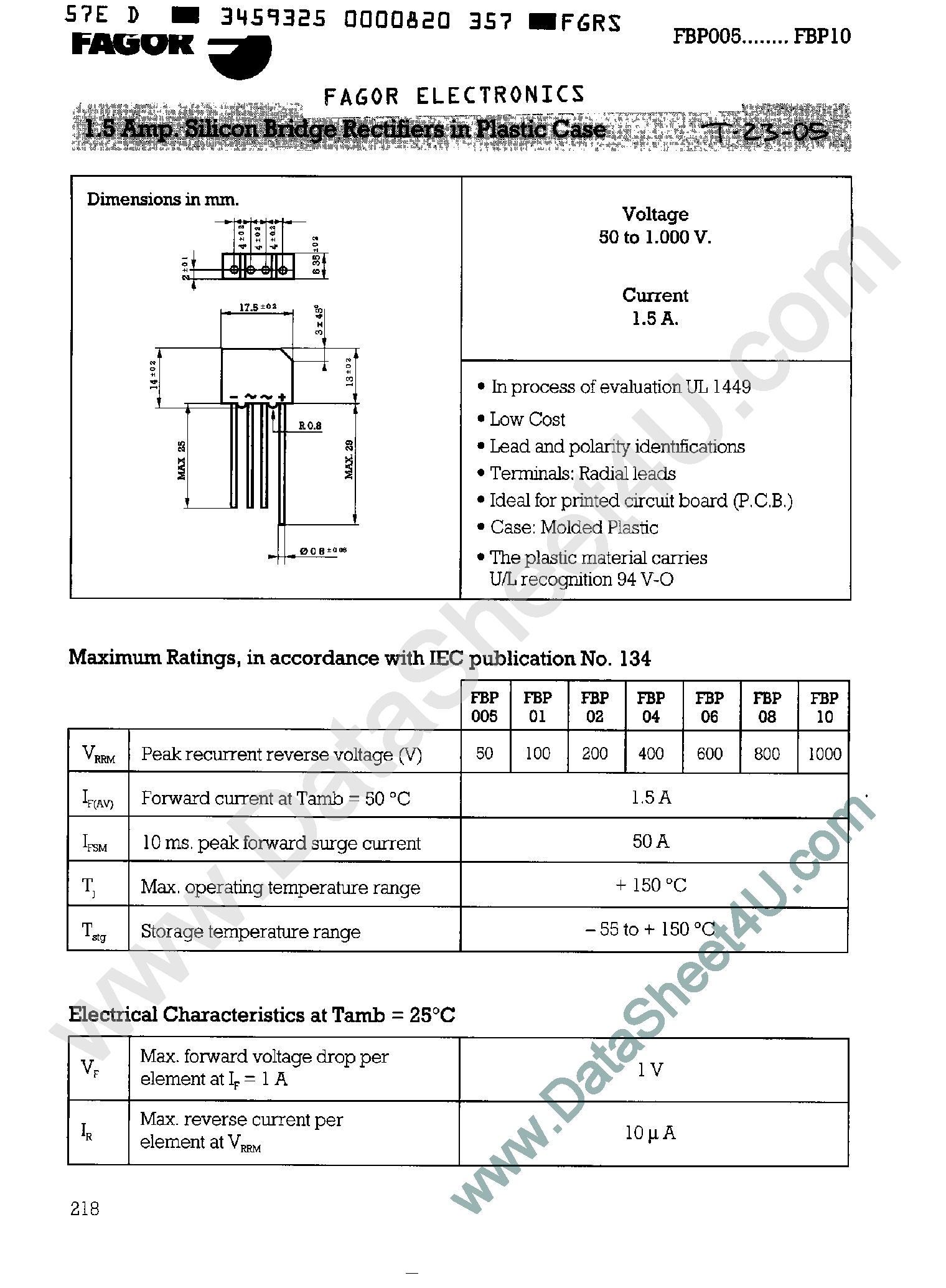 Datasheet FBP005 page 1 Datasheet FBP005 - (FBP005 - FBP10) 1.5 Amp Silicon Bridge Rectifiers page 1