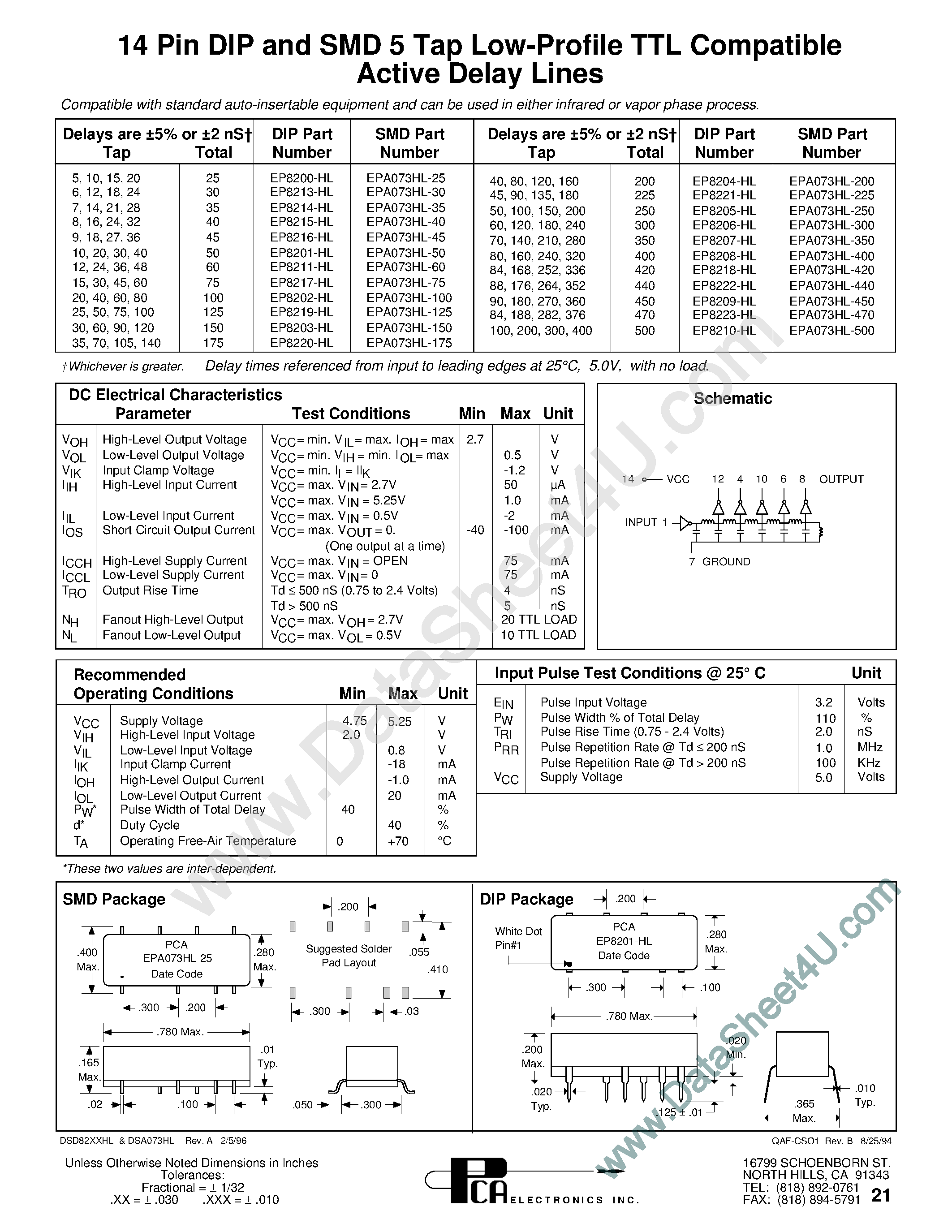 Даташит EPA073HL - 14 Pin Dip And SMD 5 Taplow-profile TTL Compatible Active Delay Lines страница 1