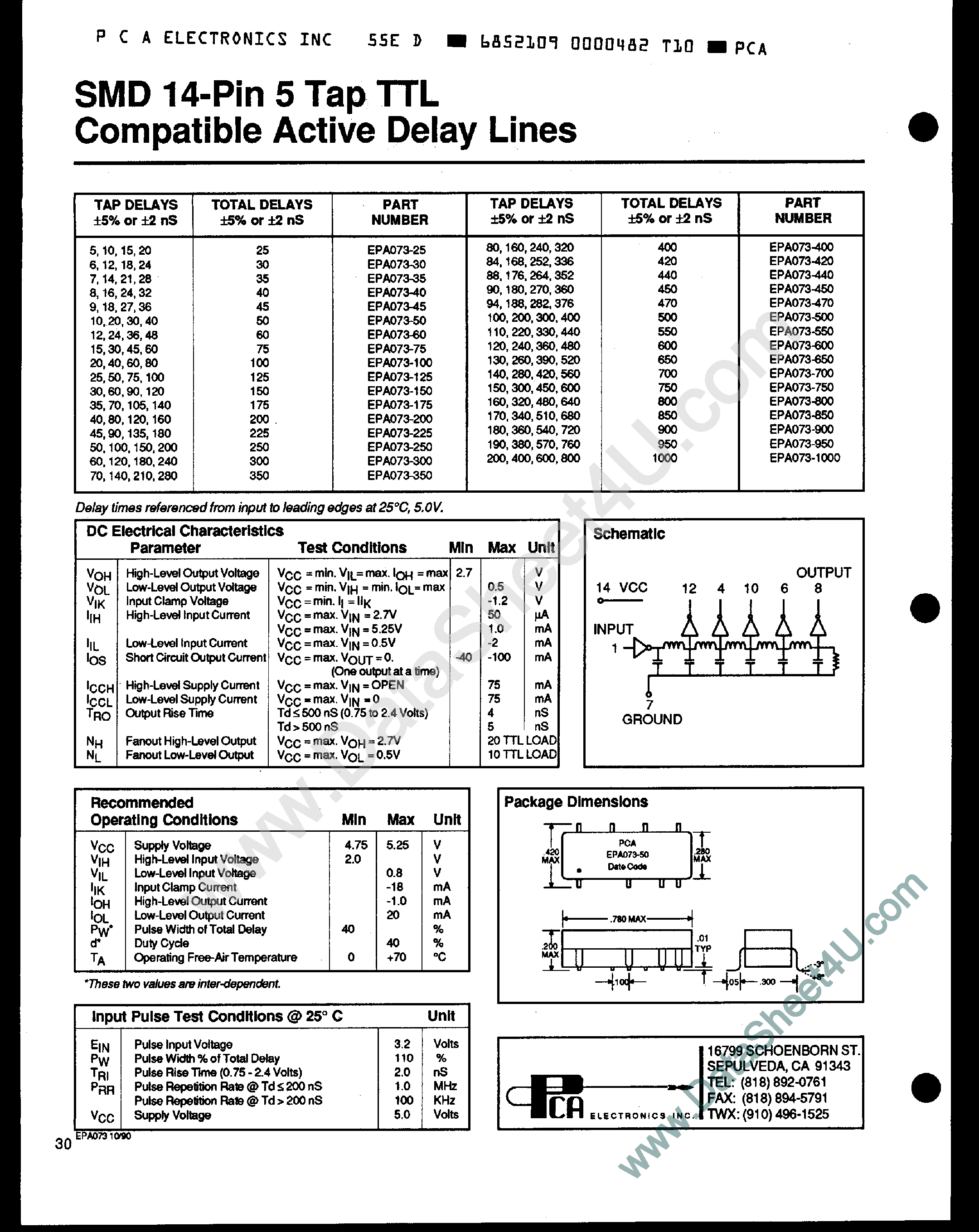 Даташит EPA073 - 14 Pin Dip And SMD 5 Taplow-profile TTL Compatible Active Delay Lines страница 1