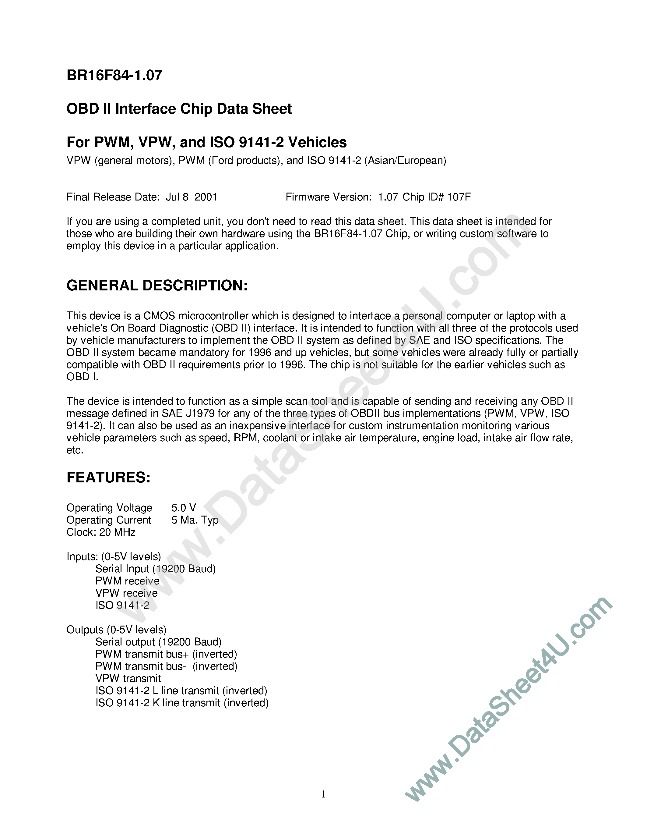 Datasheet BR16F84-1.07 - OBD II Interface Chip page 1