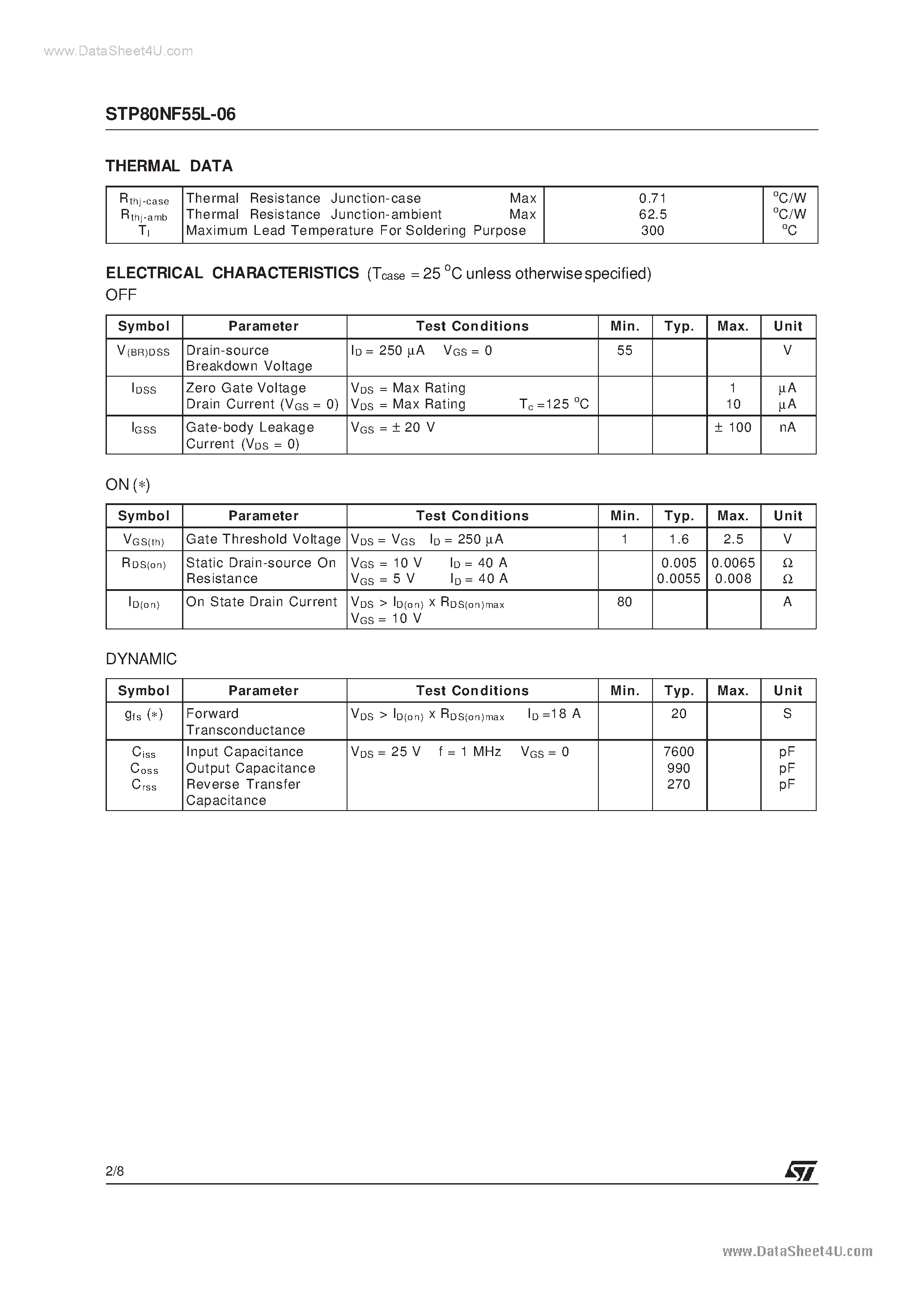 Datasheet P80NF55 - Search -----> STP80NF55 page 2