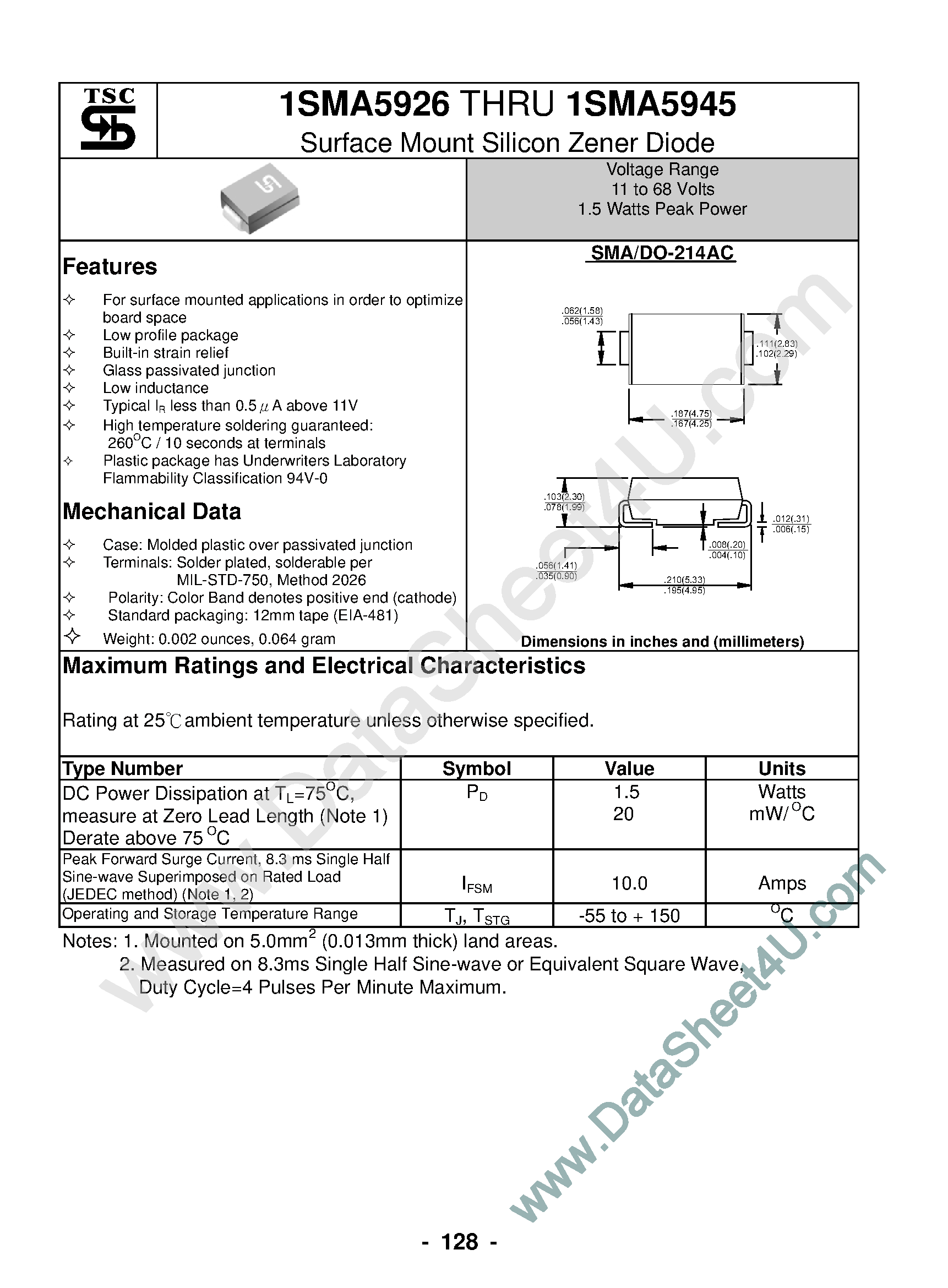 Datasheet 1SMA592x page 1 Datasheet 1SMA592x - (1SMA5926 - 1SMA5945) Surface Mount Silicon Zener Diode page 1