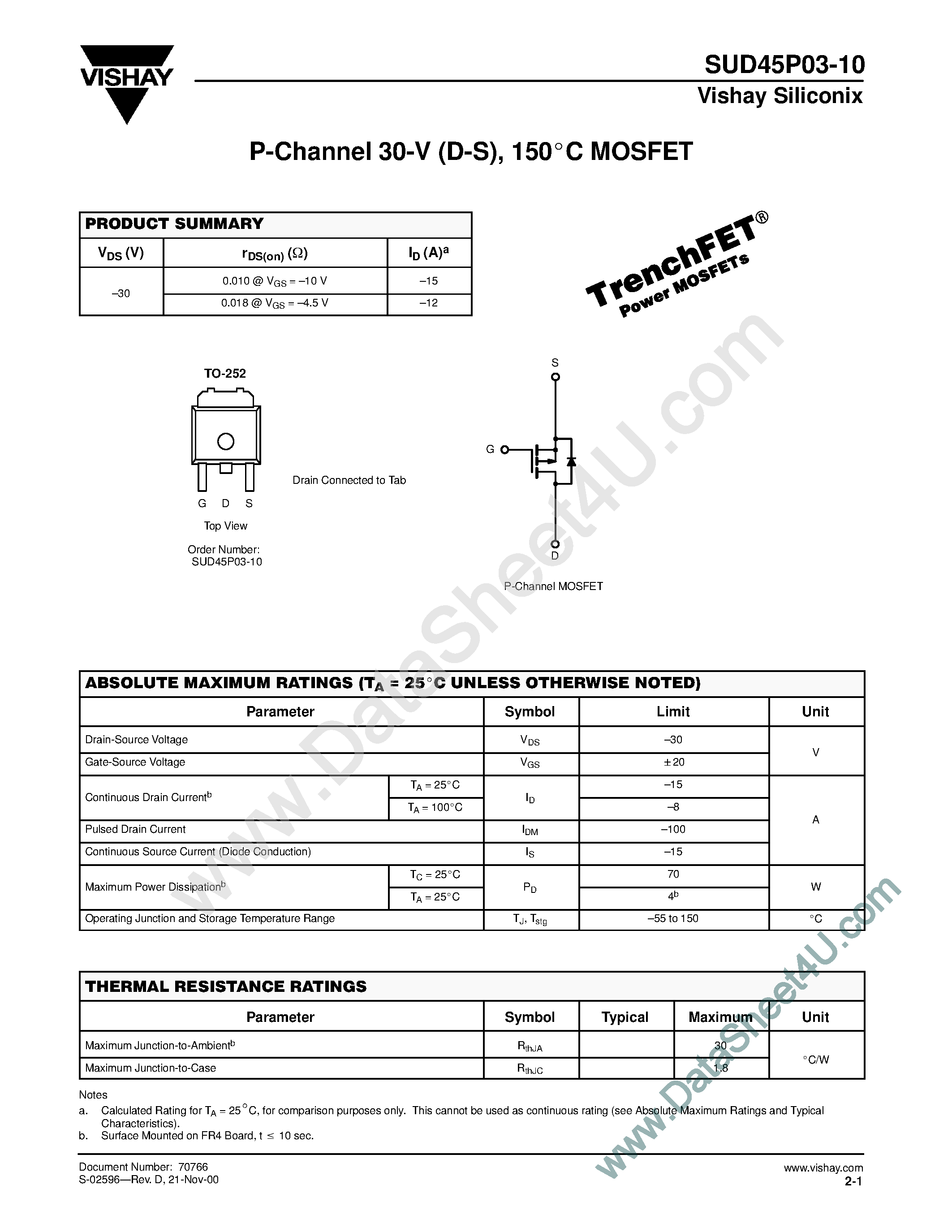 Datasheet SUD45P03-10 - P-Channel 30-V 150C MOSFET page 1