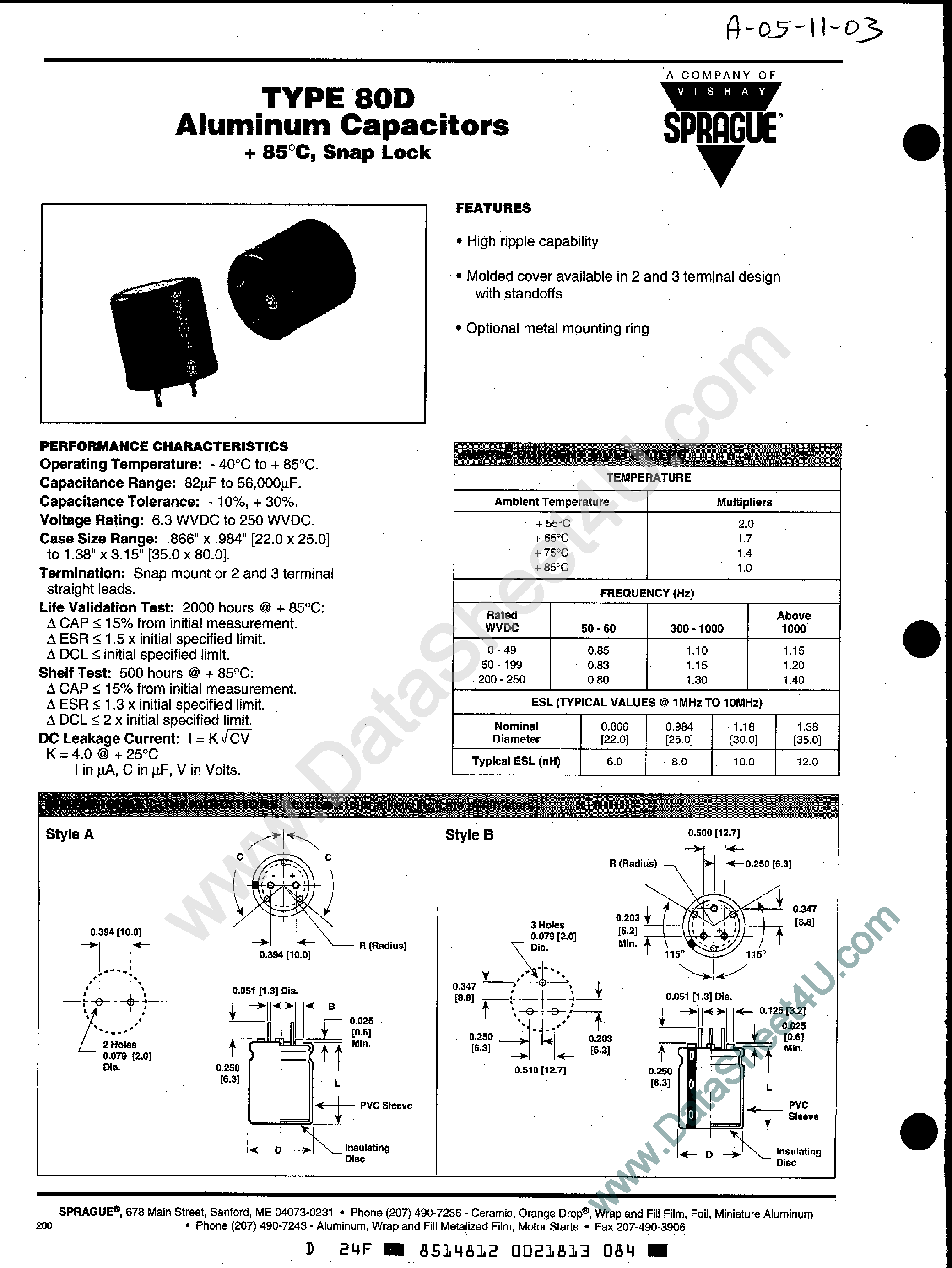 Datasheet 80D332P063JE2D - (80D Type) Aluminu Capacitors page 1