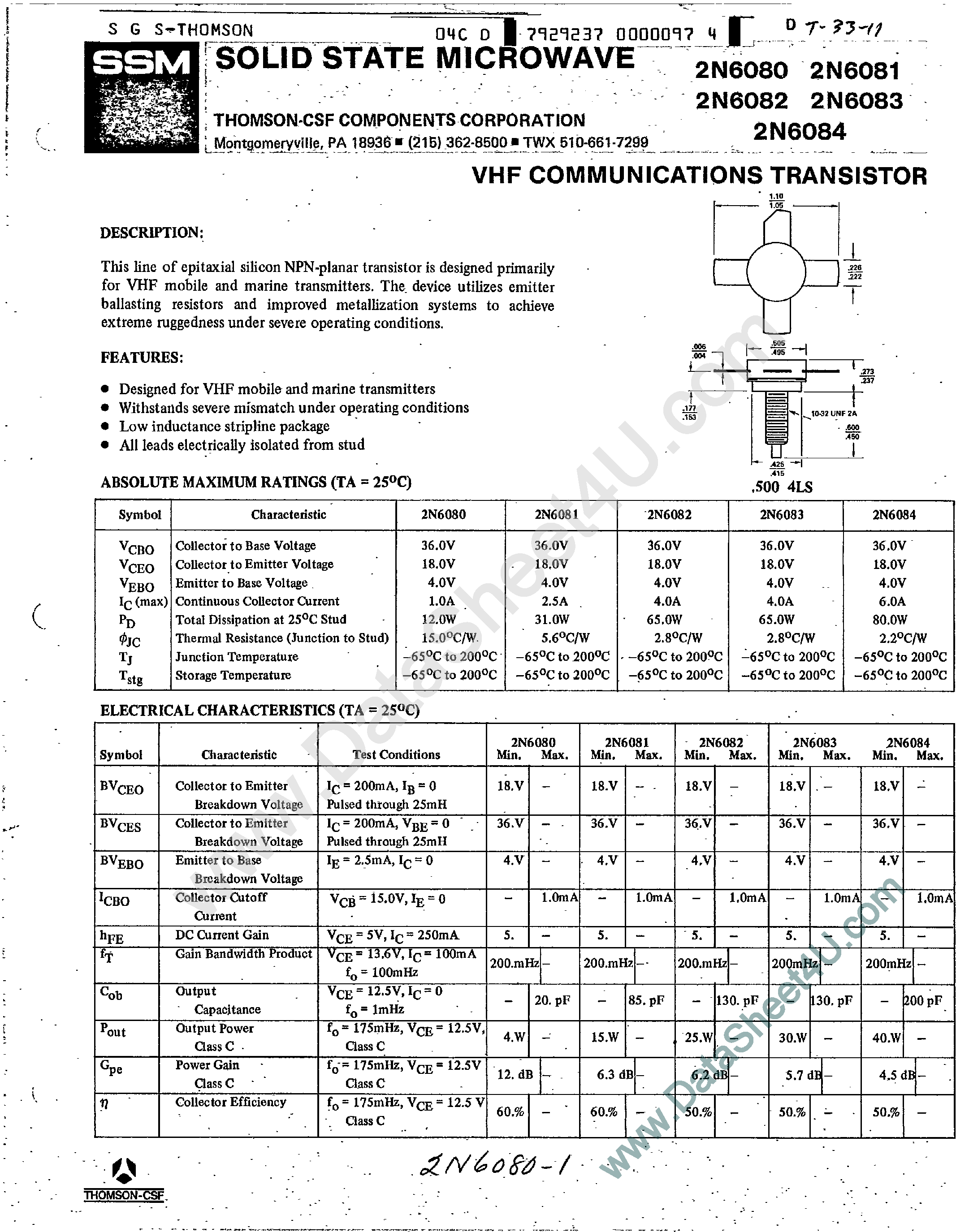 Datasheet 2N6080 - (2N6080 - 2N6083) VHF Communications Transistor page 1