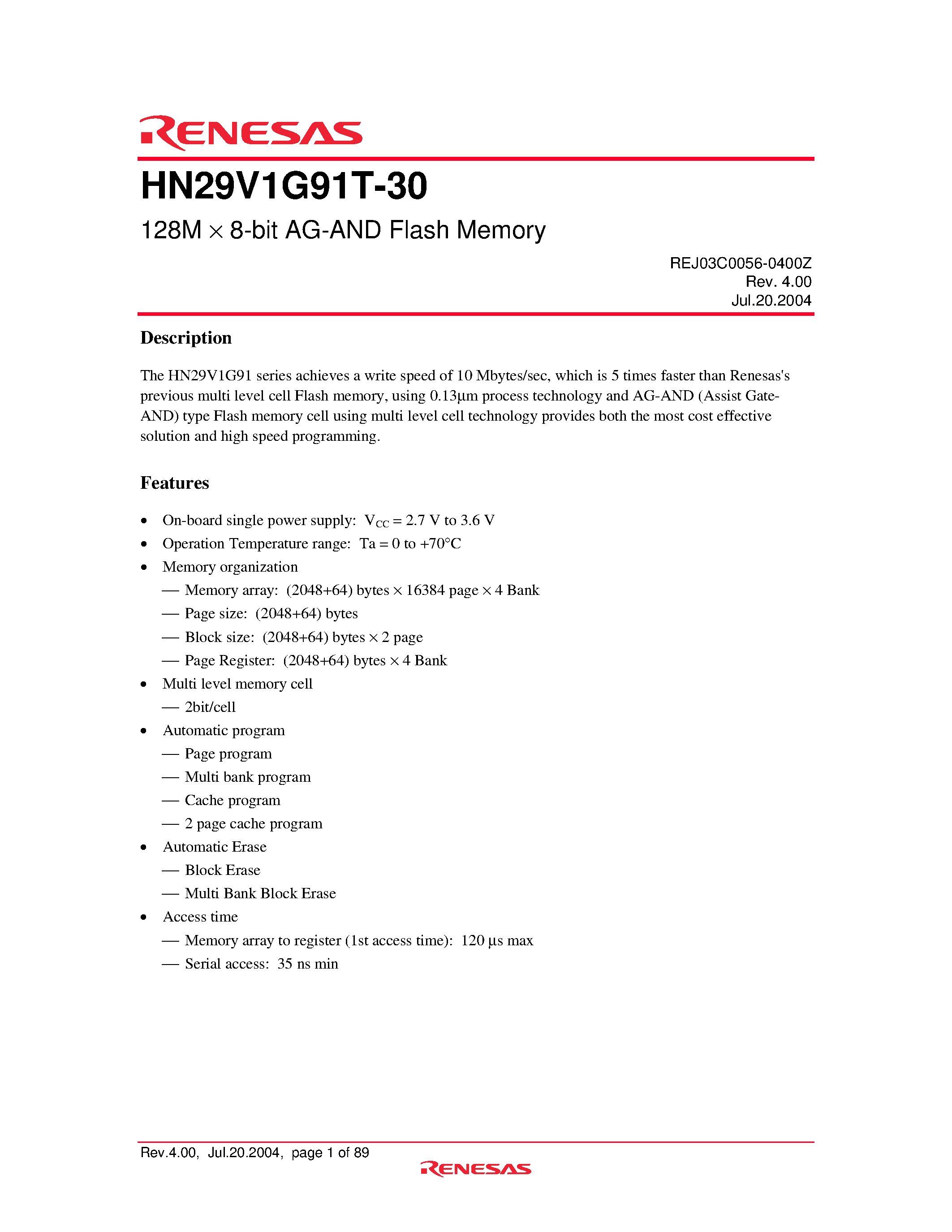 Даташит HN29V1G91T-30 - 128M X 8-bit AG-AND Flash Memory страница 1