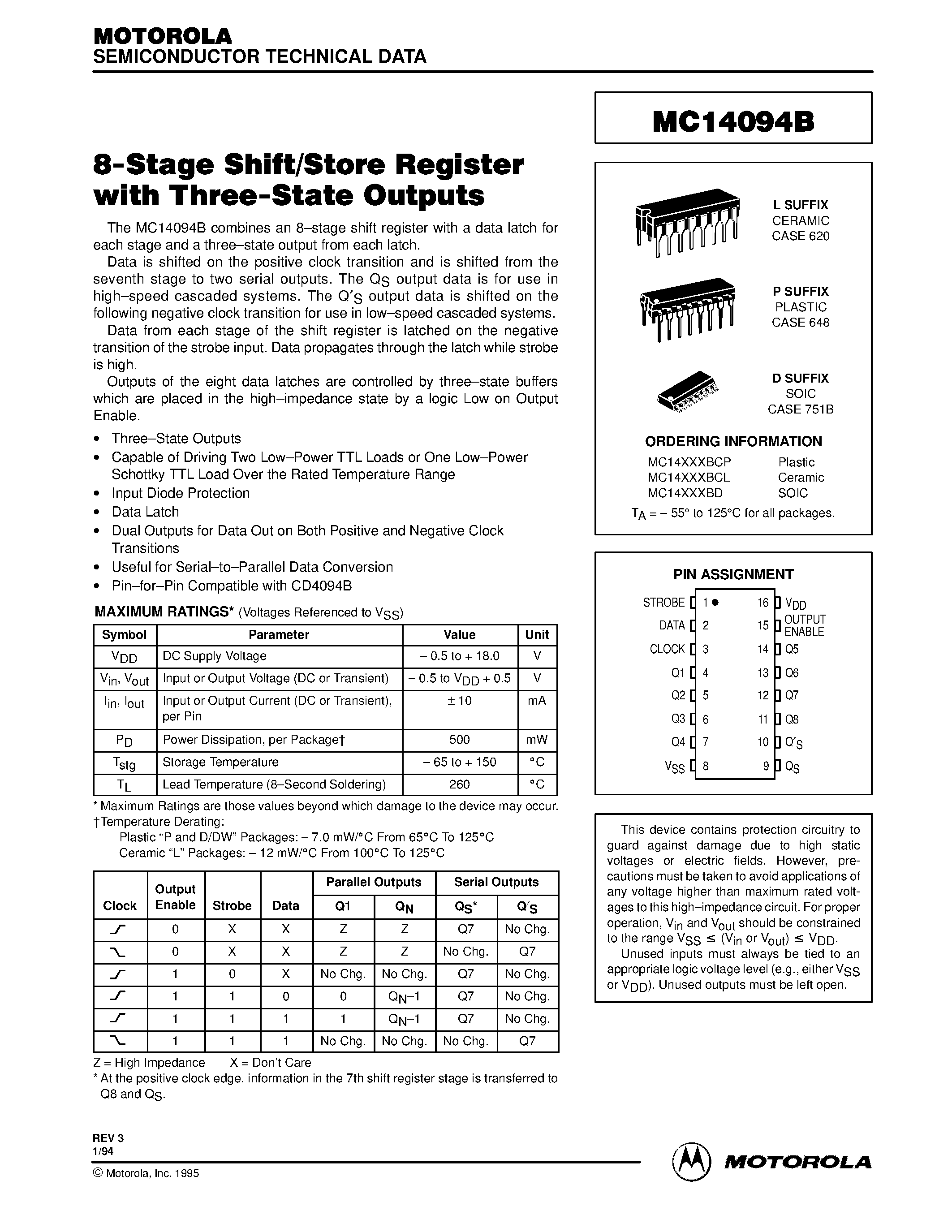 Даташит на микросхему MC14094B страница 1 Даташит MC14094B - 8-Stage Shift/Store Register with Three-State Outputs страница 1