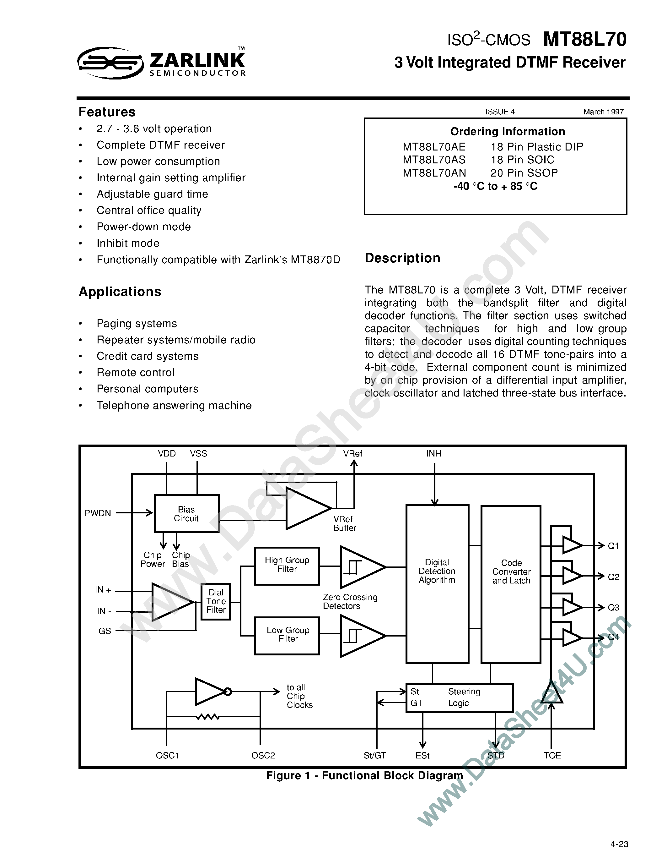 Datasheet MT88L70 - 3 Volt Integrated DTMF Receiver page 1