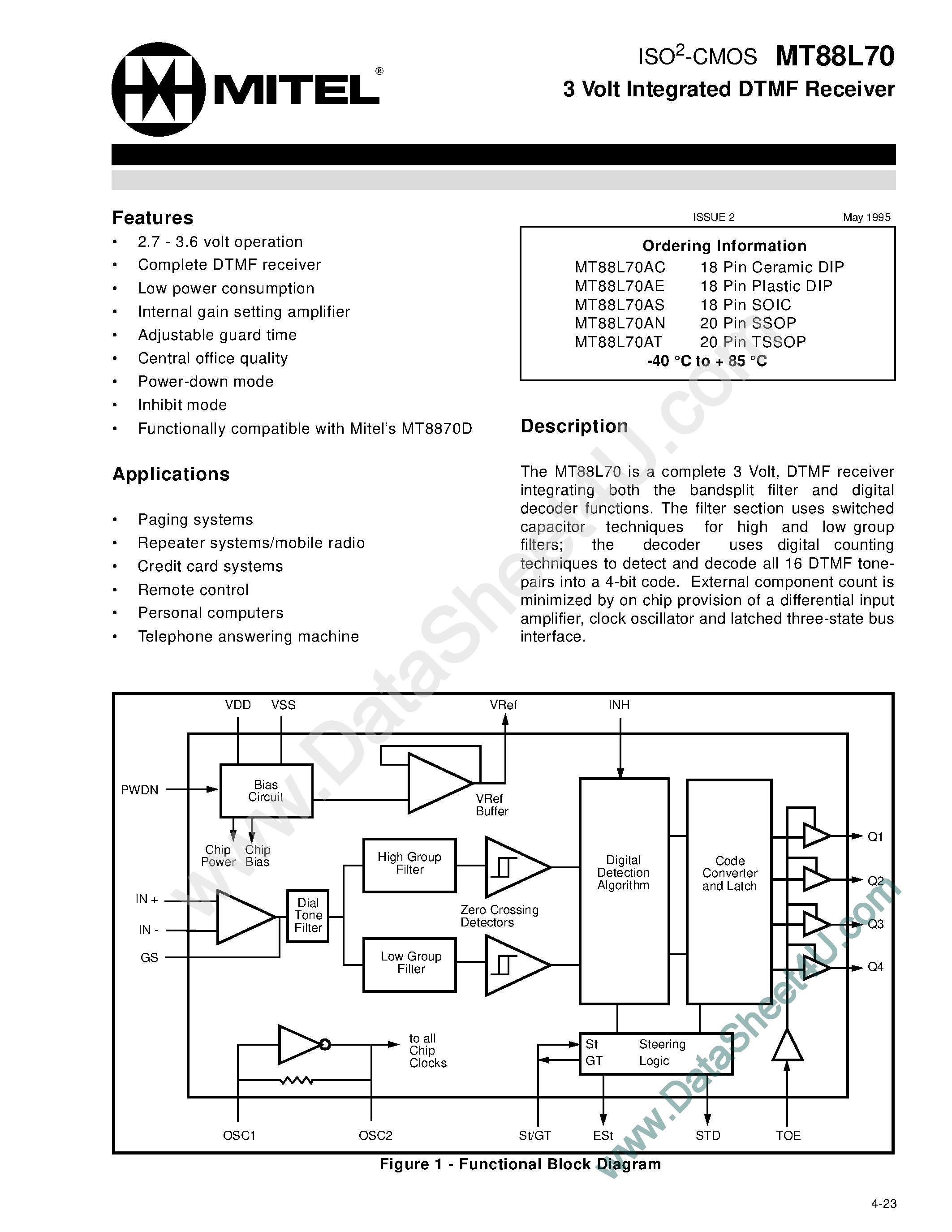 Datasheet MT88L70 - 3 Volt Integrated DTMF Receiver page 1