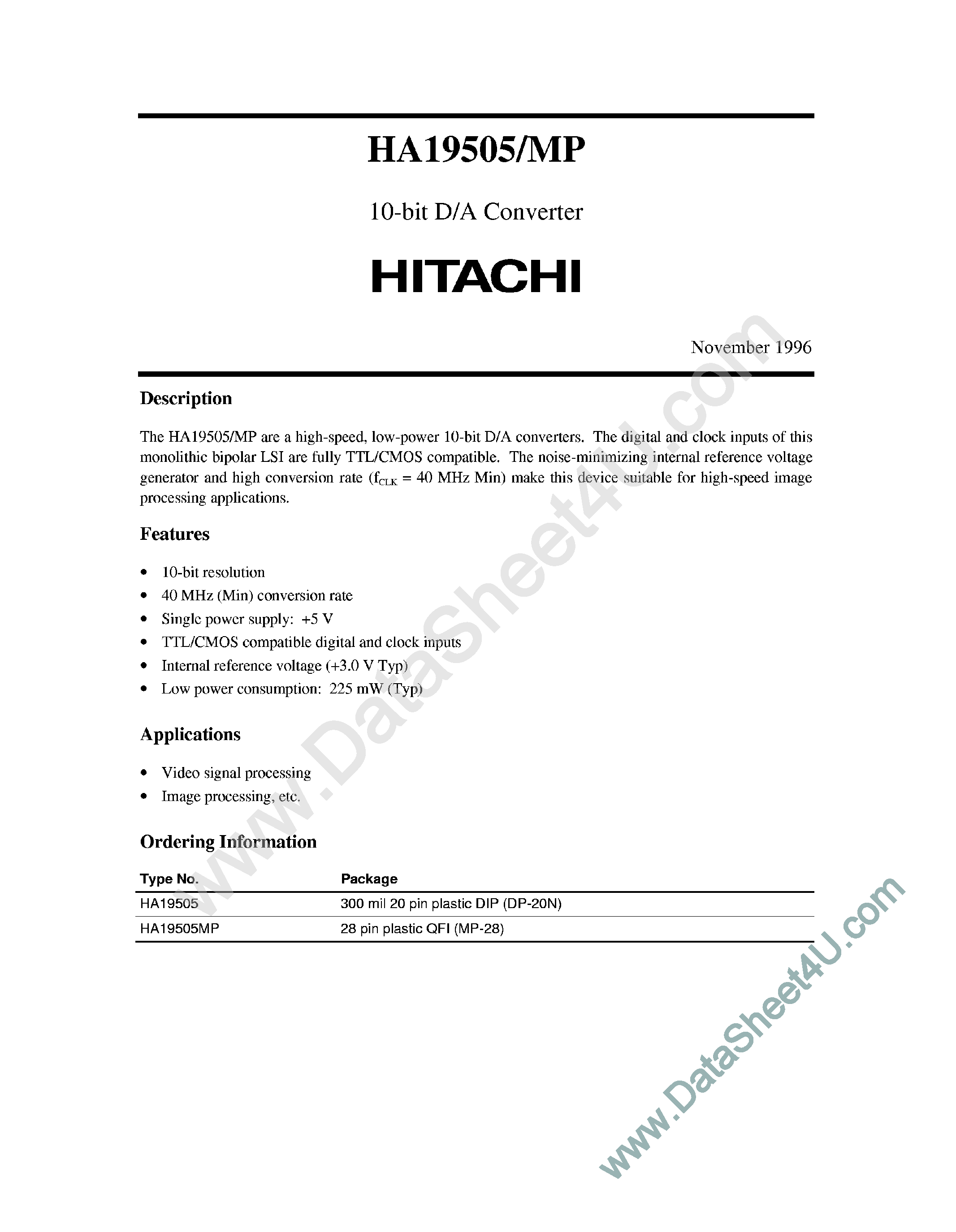 Даташит на микросхему HA19505MP страница 1 Даташит HA19505MP - 10-Bit D/A Converter страница 1