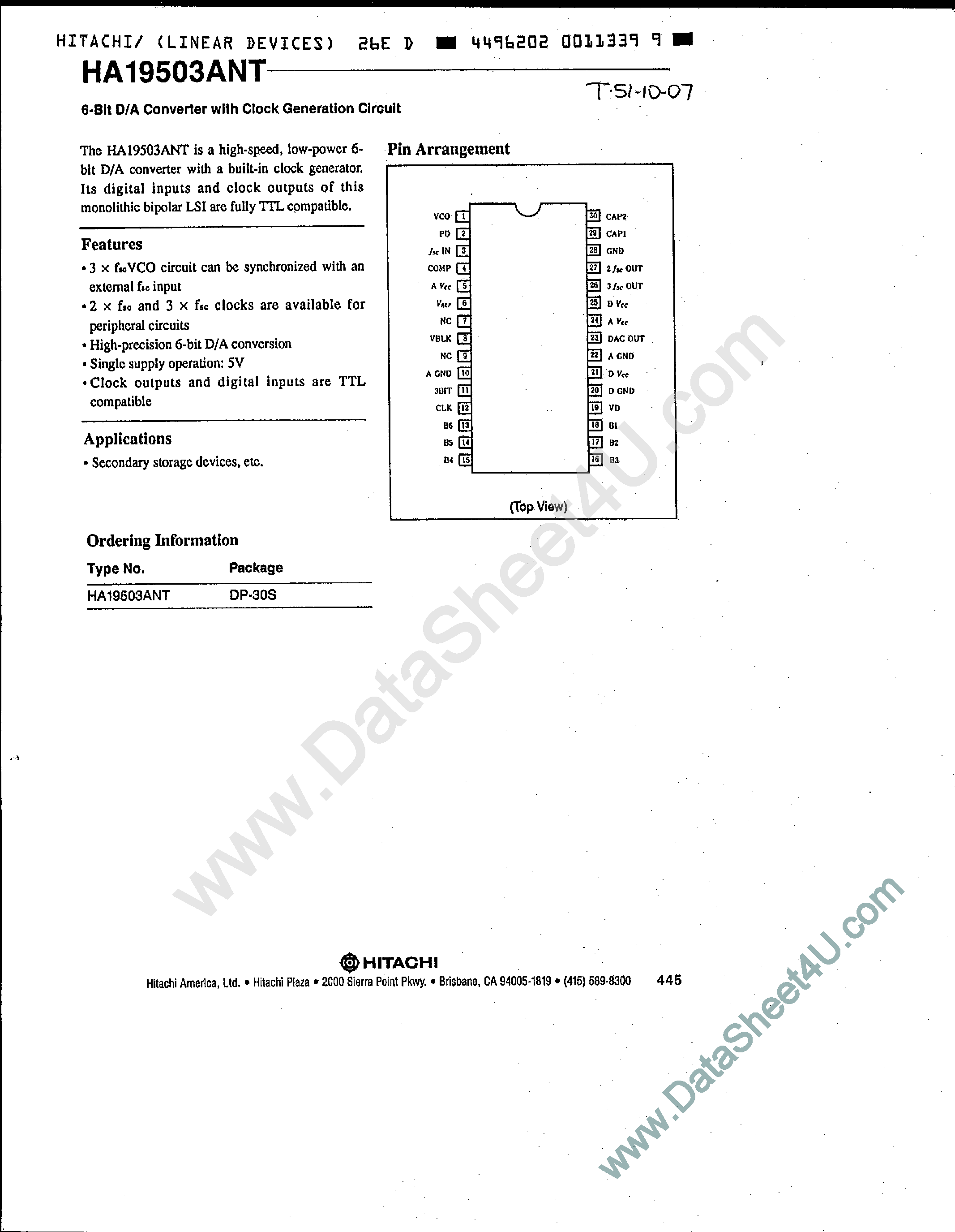 Даташит на микросхему HA19503ANT страница 1 Даташит HA19503ANT - 6-Bit D/A Converter страница 1